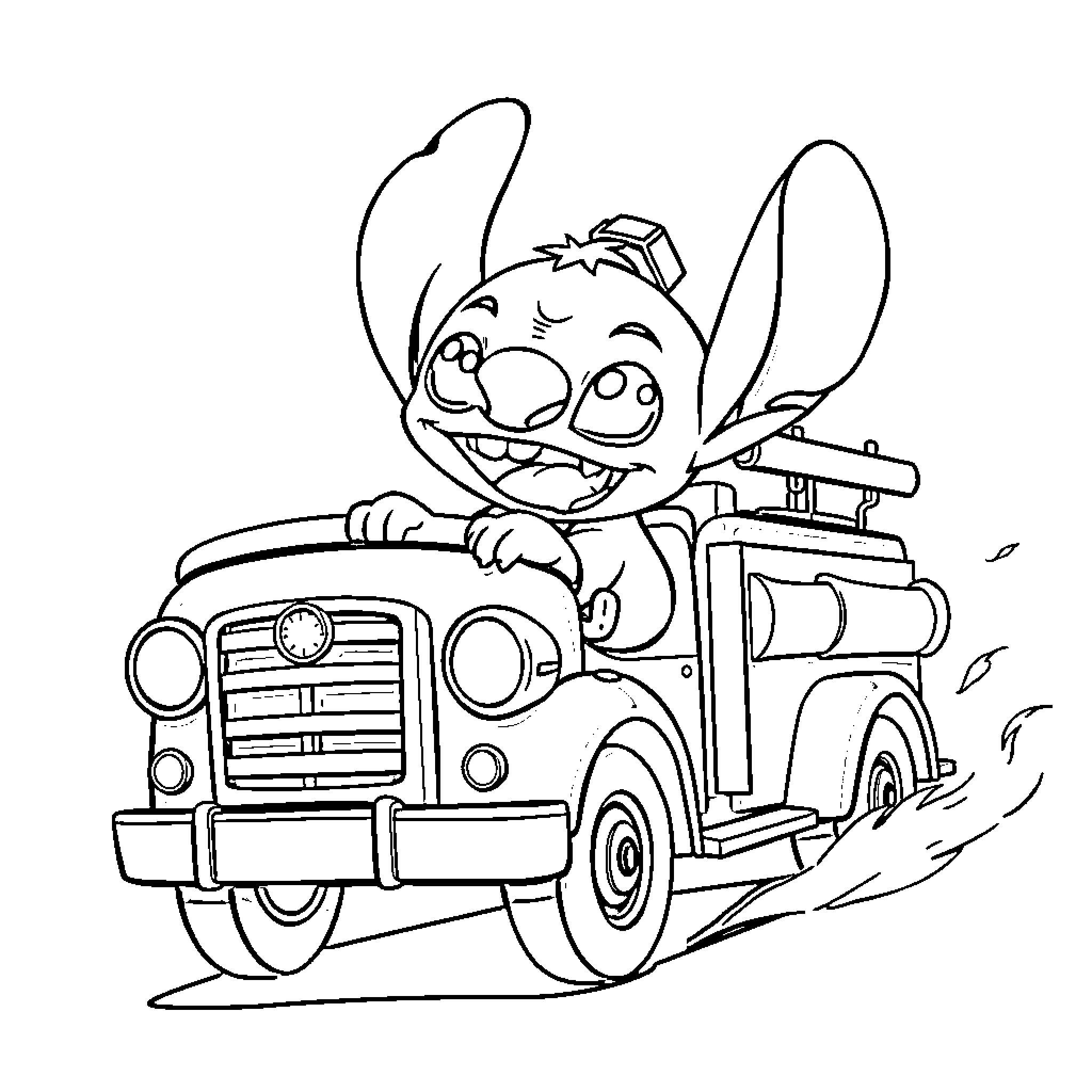 Stitch riding a vintage fire truck Coloring Page (free black-and-white line drawing printable PDF for all, from beginners to advanced learners, including children, teens, adults, and seniors)