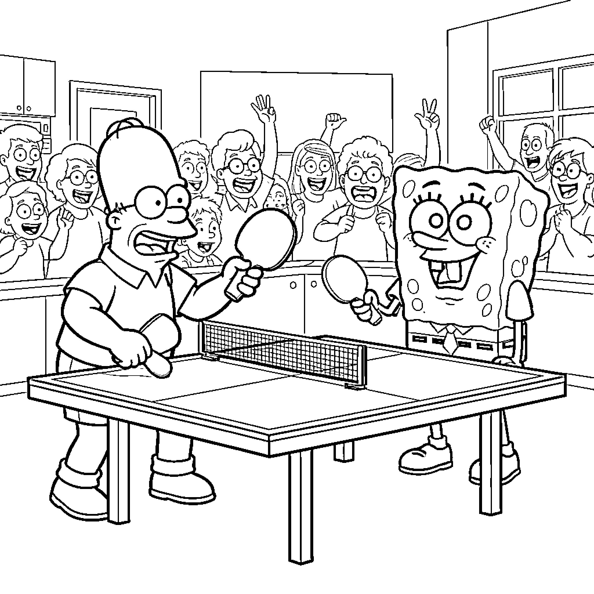 Homer Simpson playing table tennis against SpongeBob SquarePants Coloring Page (free black-and-white line drawing printable PDF for all, from beginners to advanced learners, including children, teens, adults, and seniors)