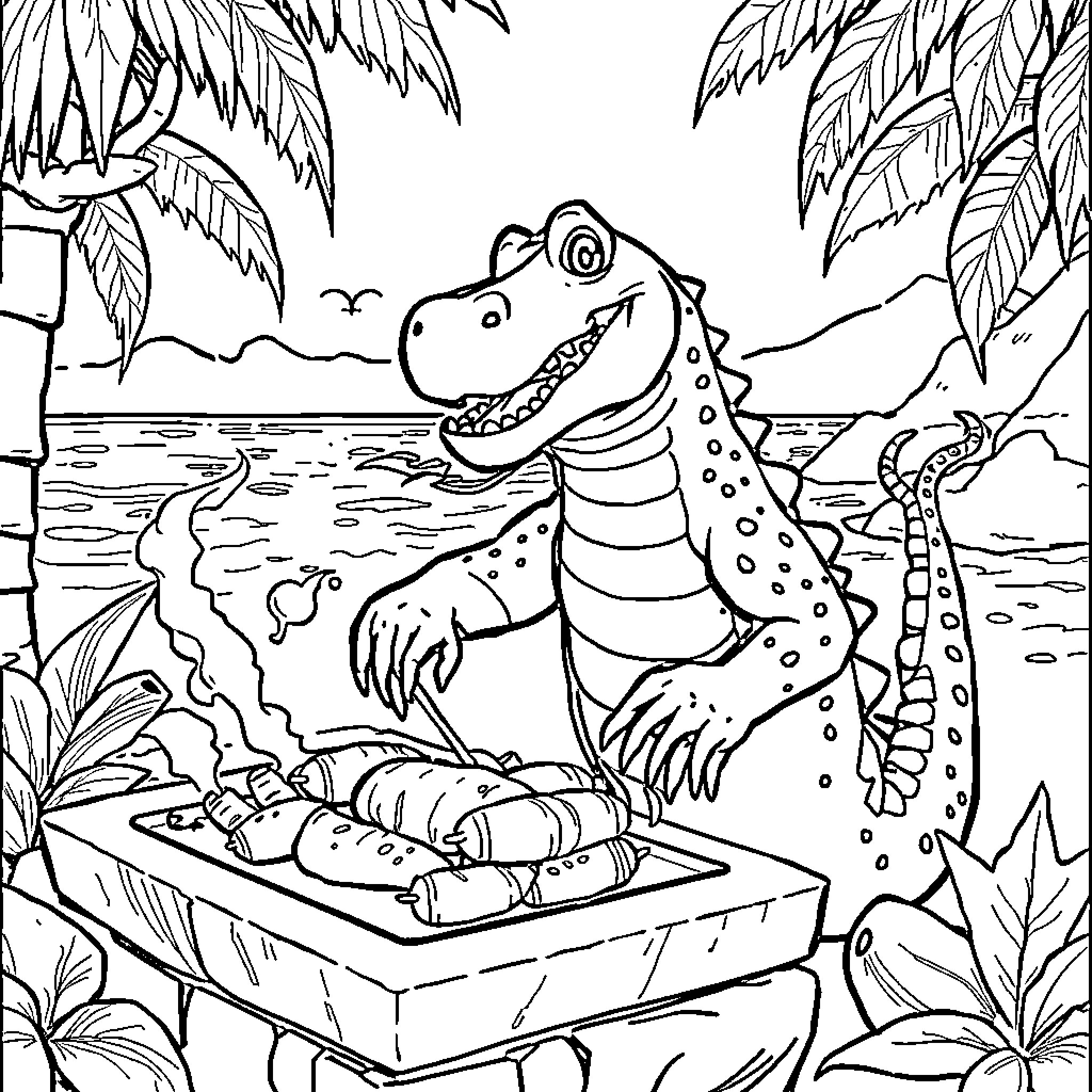 Crocodile Relaxing on a Tropical Beach Coloring Page (free black-and-white line drawing printable PDF for all, from beginners to advanced learners, including children, teens, adults, and seniors)