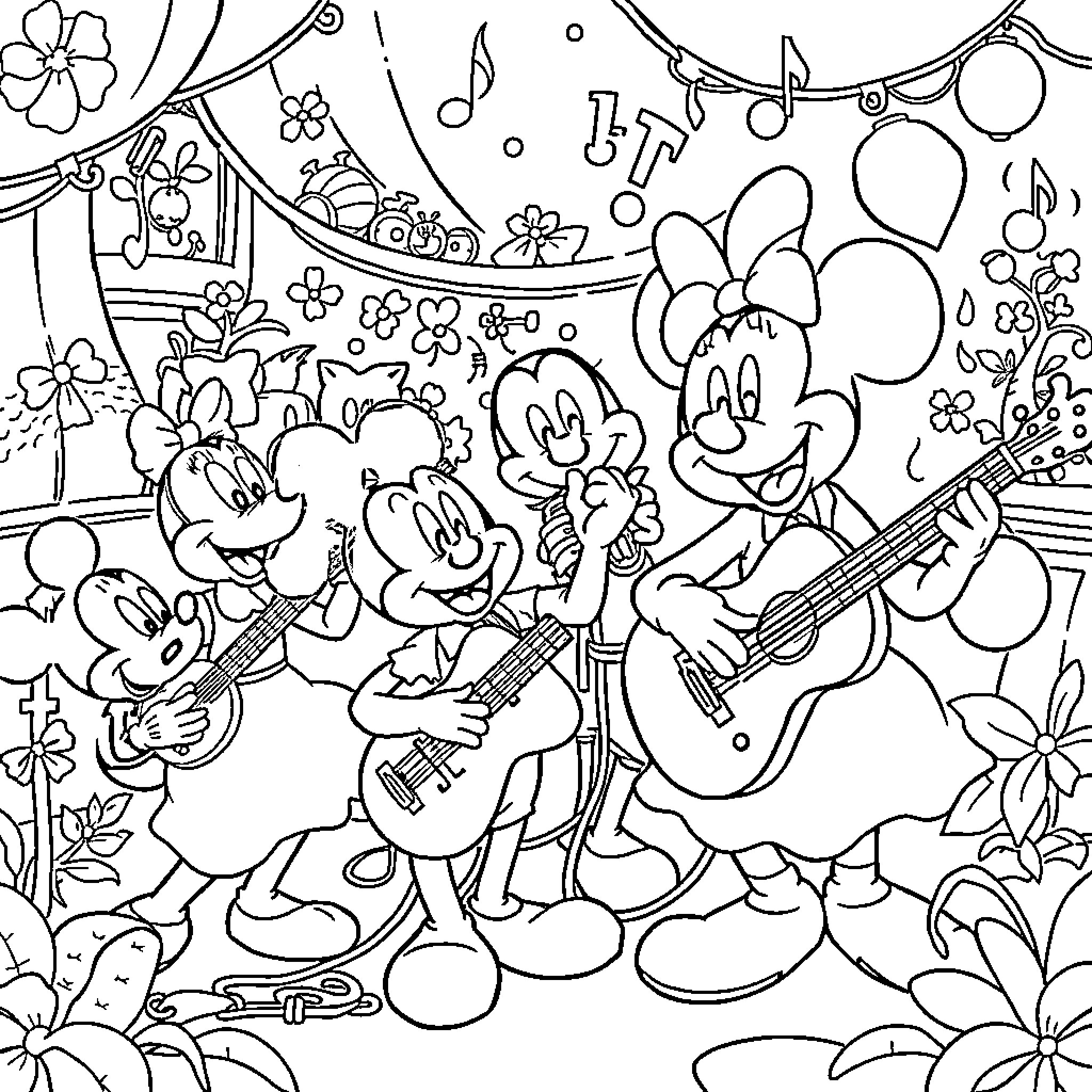 Disney Characters Performing Music and Dancing Coloring Page (free black-and-white line drawing printable PDF for all, from beginners to advanced learners, including children, teens, adults, and seniors)