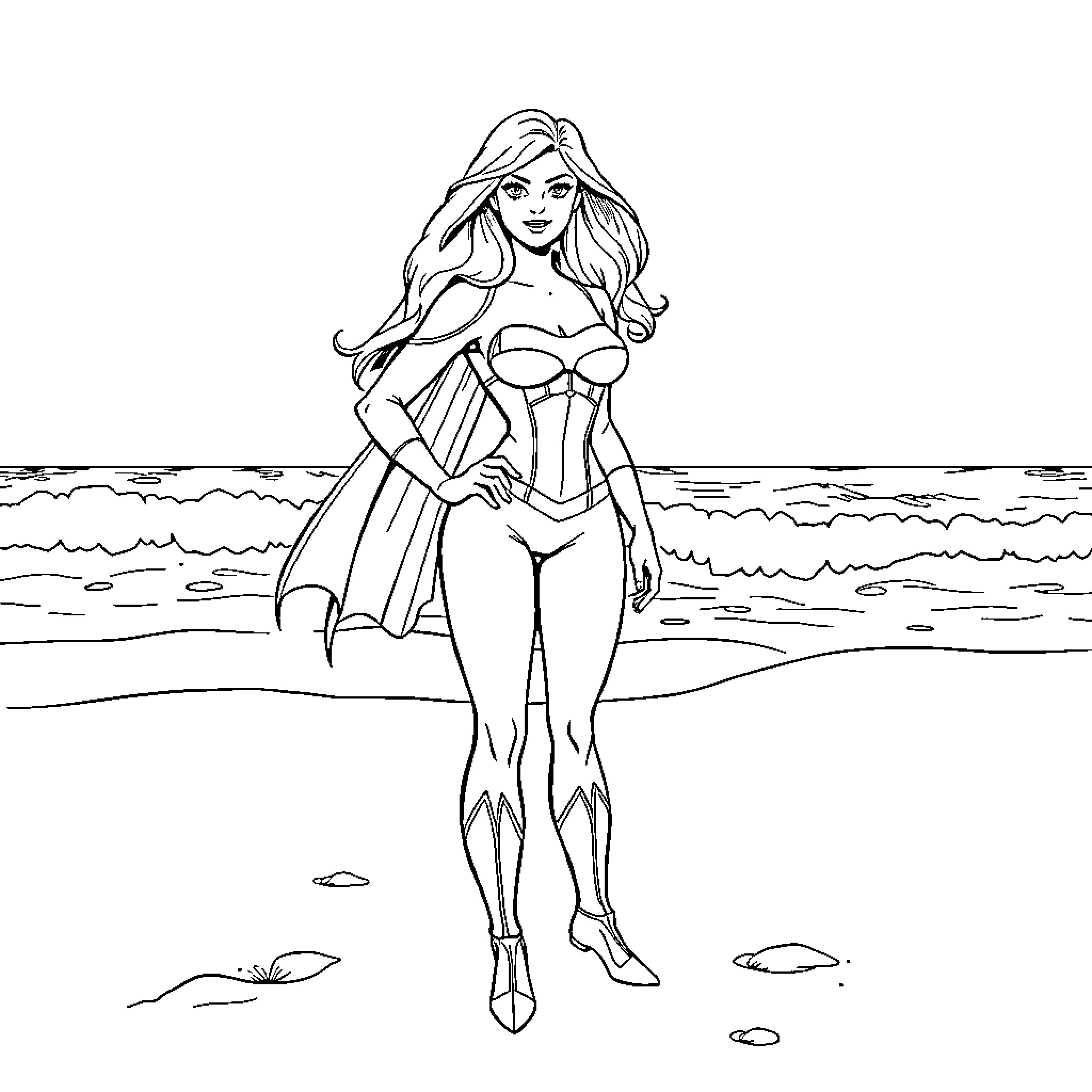 Power Girl on the Beach Coloring Page (free black-and-white line drawing printable PDF for all, from beginners to advanced learners, including children, teens, adults, and seniors)