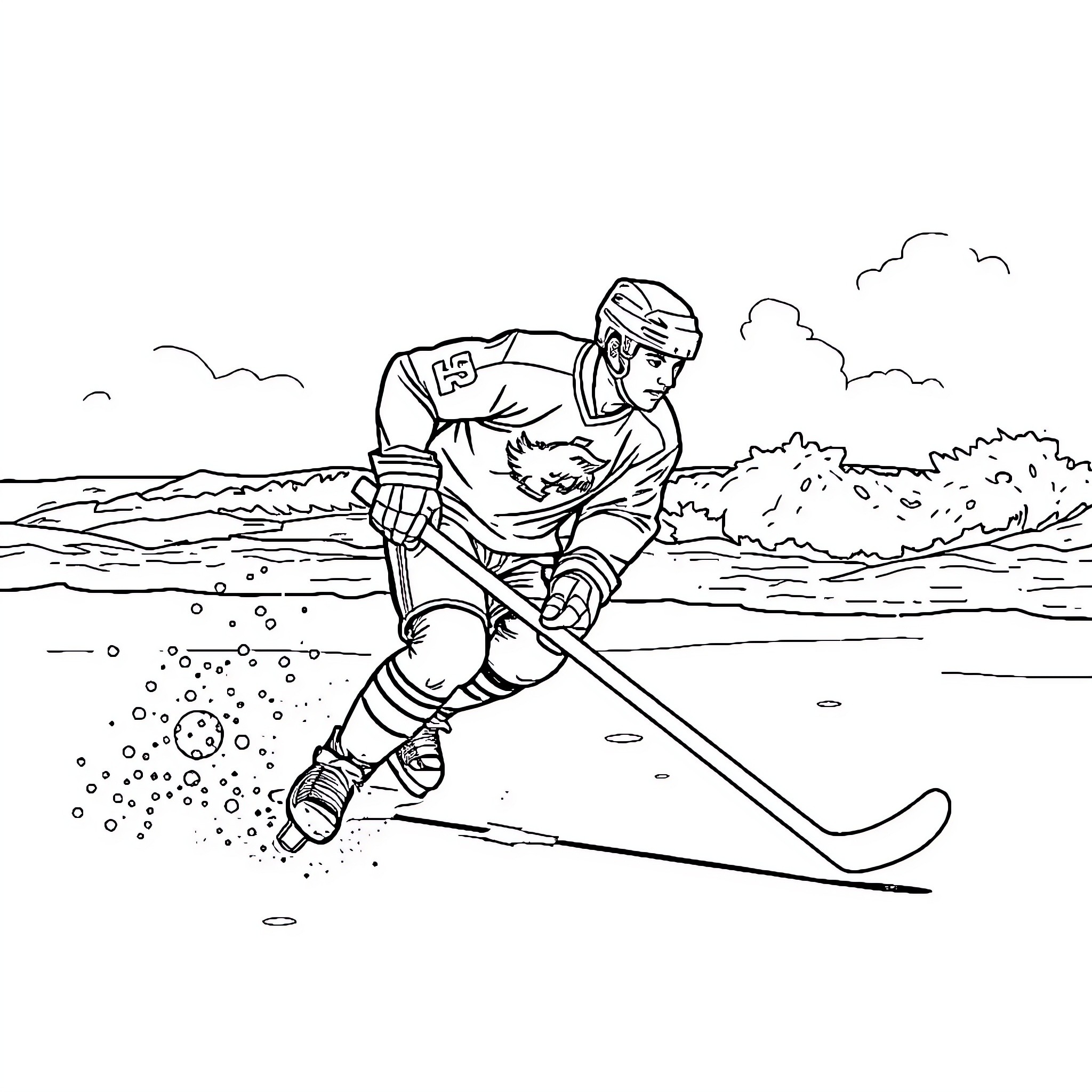 Hockey Player Skating Swiftly on Outdoor Rink Coloring Page (free black-and-white line drawing printable PDF for all, from beginners to advanced learners, including children, teens, adults, and seniors)