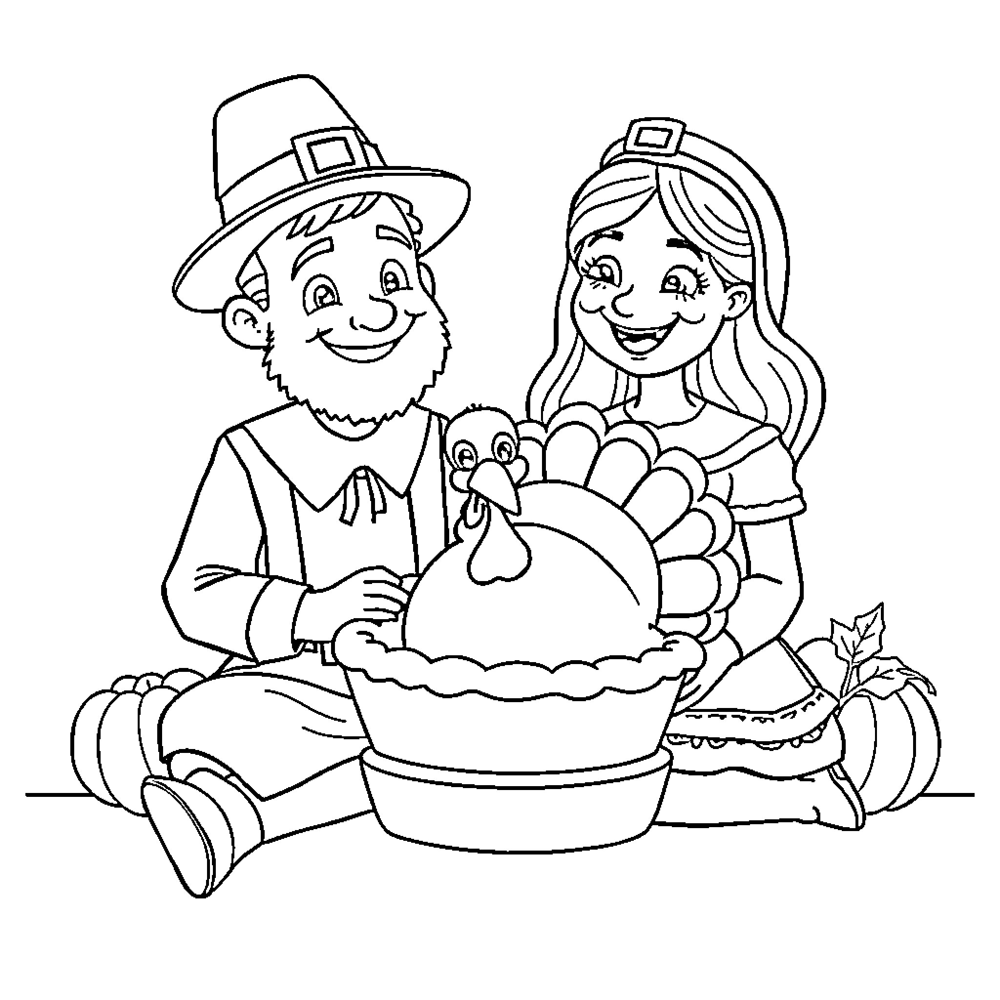 Pilgrim couple celebrating Thanksgiving with turkey Coloring Page (free black-and-white line drawing printable PDF for all, from beginners to advanced learners, including children, teens, adults, and seniors)