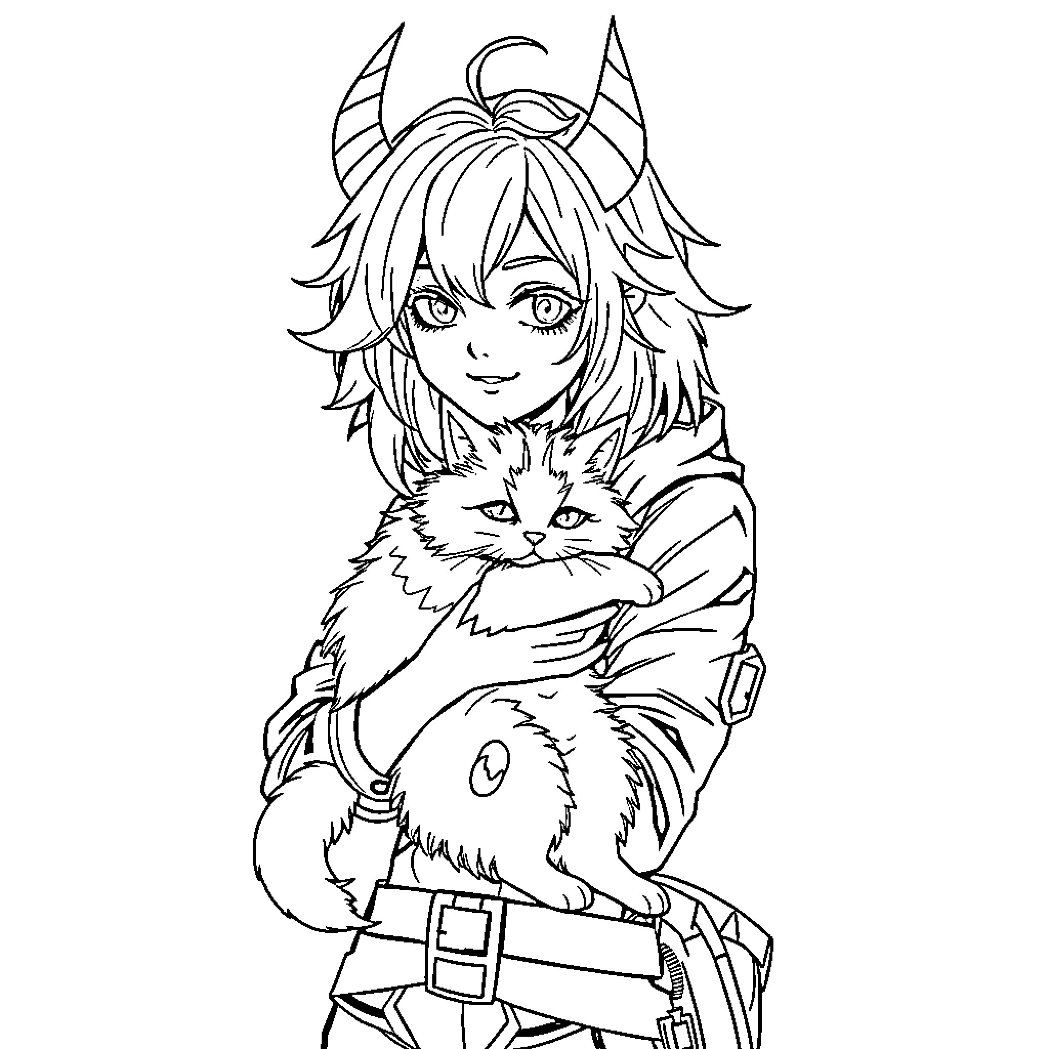 Kpop Demon Hunter with Adorable Companion Coloring Page (free black-and-white line drawing printable PDF for all, from beginners to advanced learners, including children, teens, adults, and seniors)