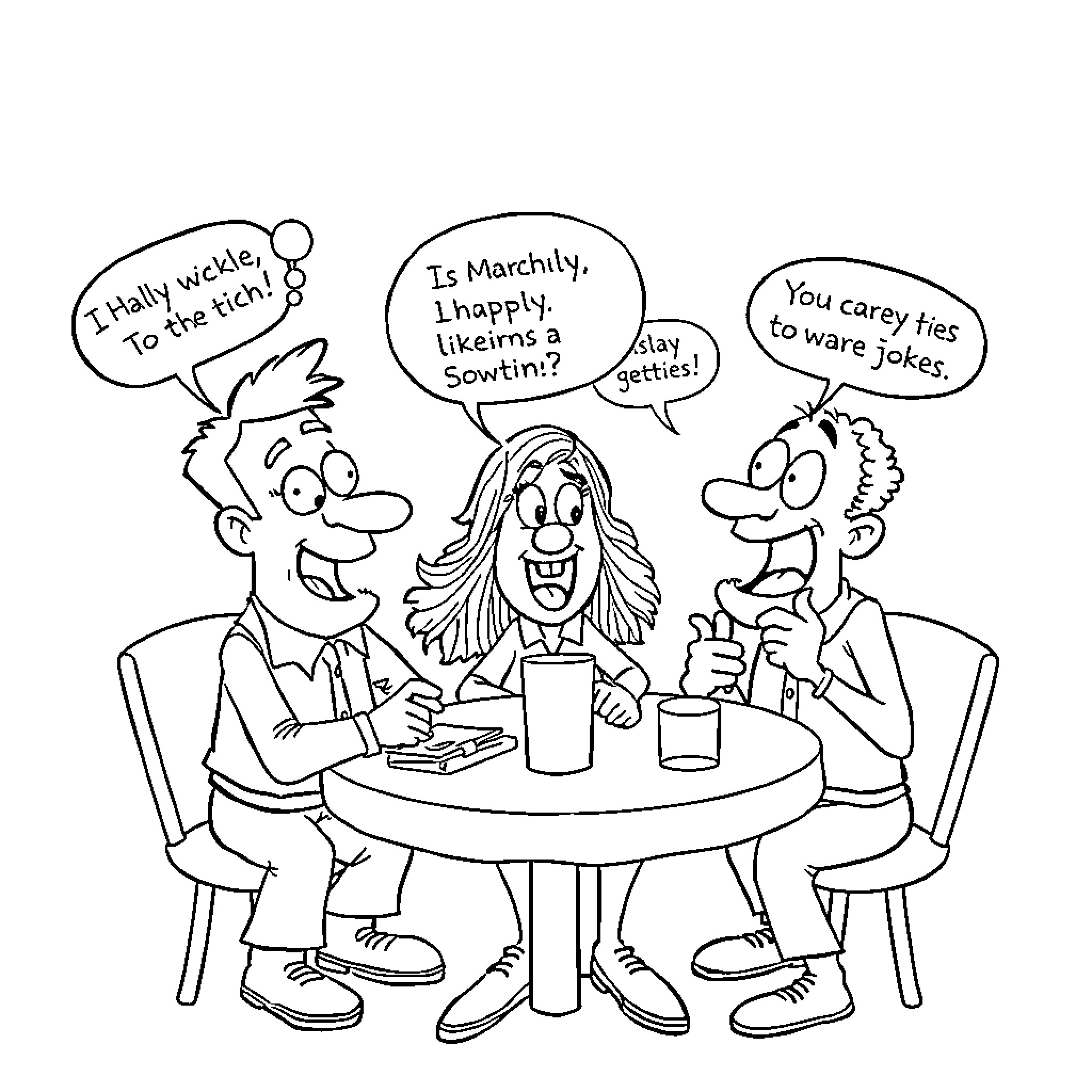 Italian Brainrot: Café Conversations with Quirky Characters Coloring Page (free black-and-white line drawing printable PDF for all, from beginners to advanced learners, including children, teens, adults, and seniors)