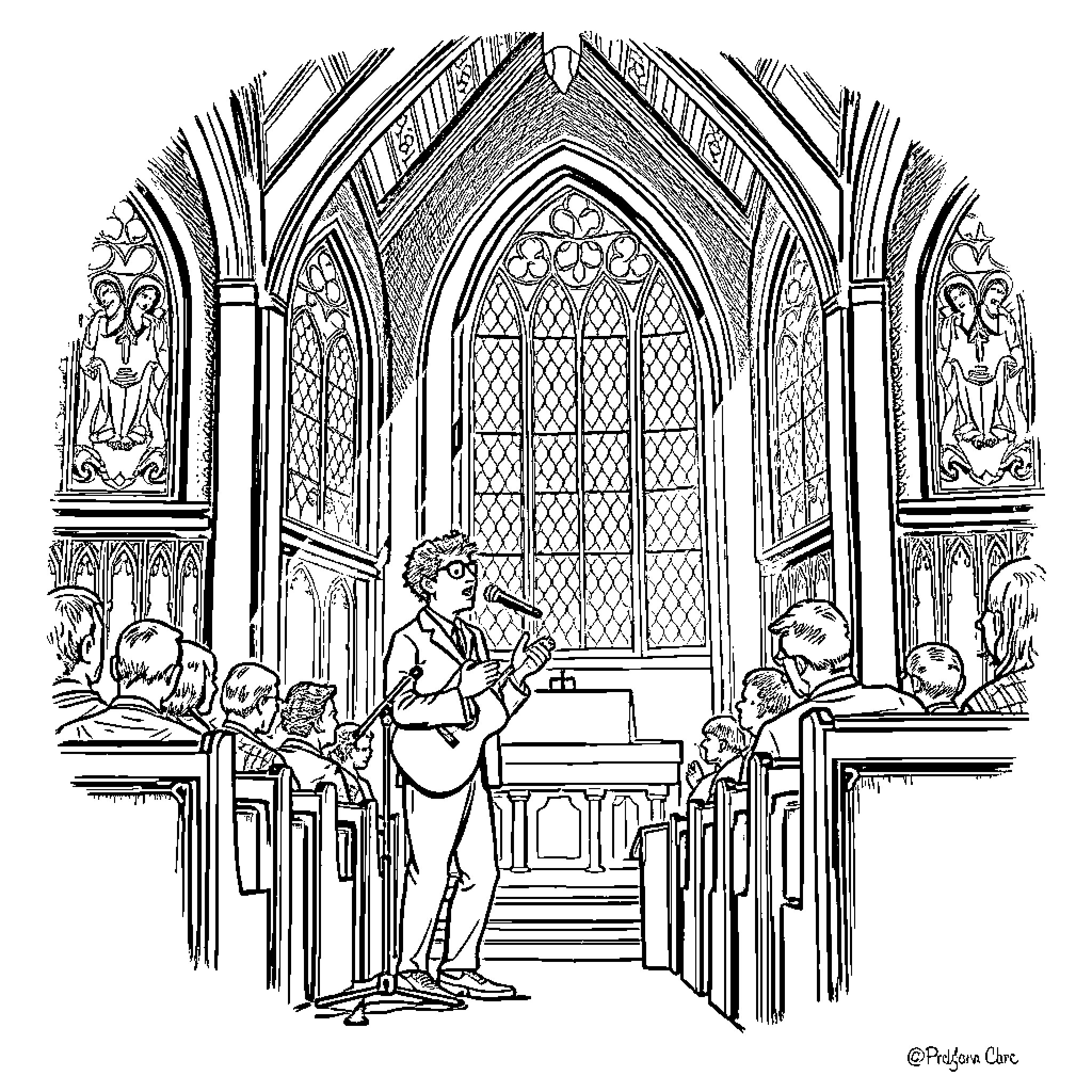 Bob Dylan performing in a Gothic church Coloring Page (free black-and-white line drawing printable PDF for all, from beginners to advanced learners, including children, teens, adults, and seniors)