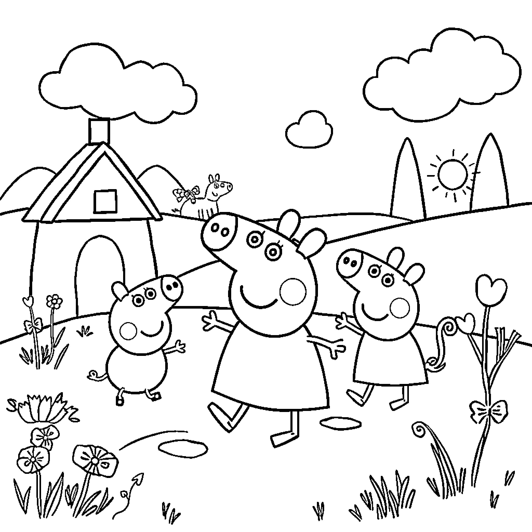 Peppa and her family exploring the countryside Coloring Page (free black-and-white line drawing printable PDF for all, from beginners to advanced learners, including children, teens, adults, and seniors)