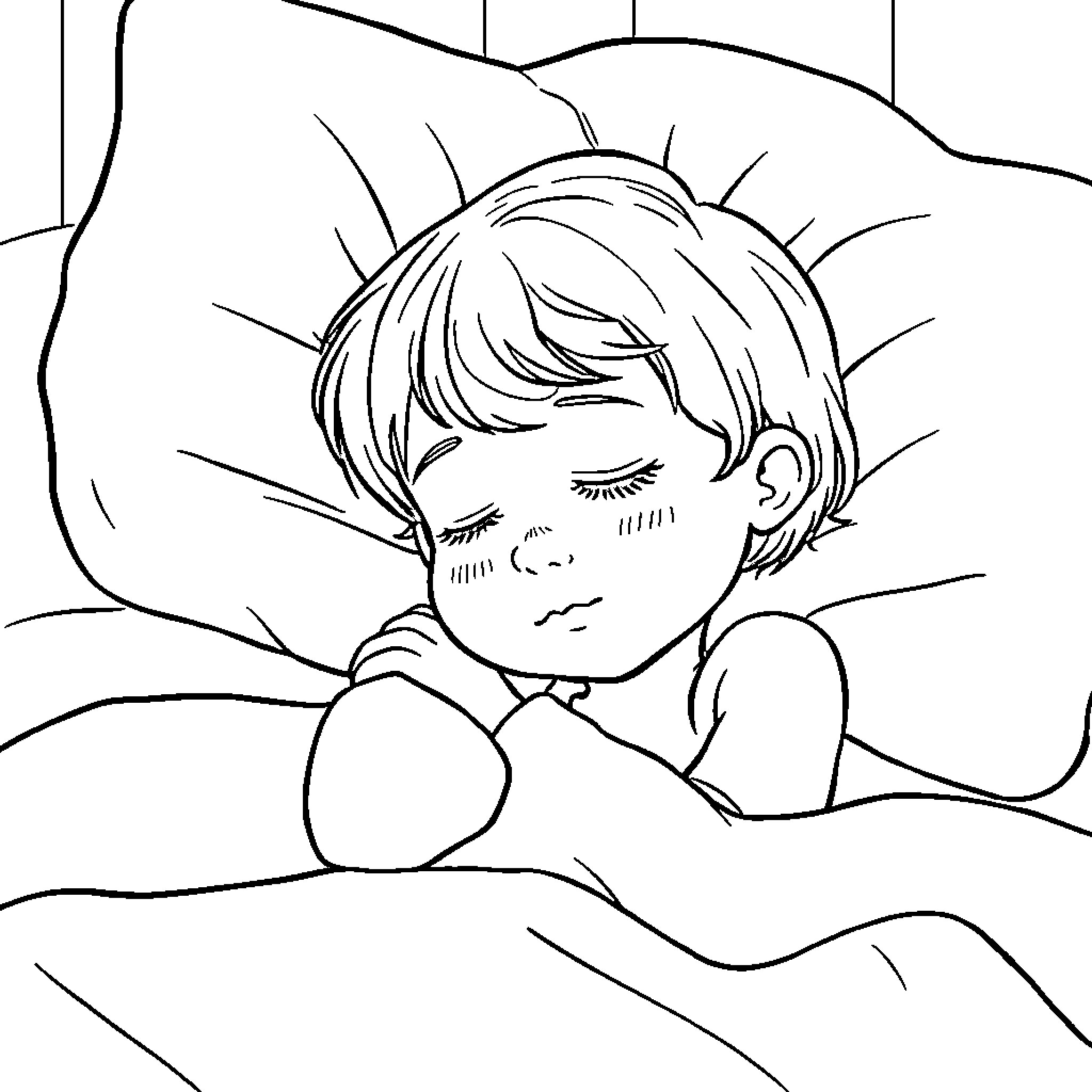 Girl sleeping peacefully in bed Coloring Page (free black-and-white line drawing printable PDF for all, from beginners to advanced learners, including children, teens, adults, and seniors)