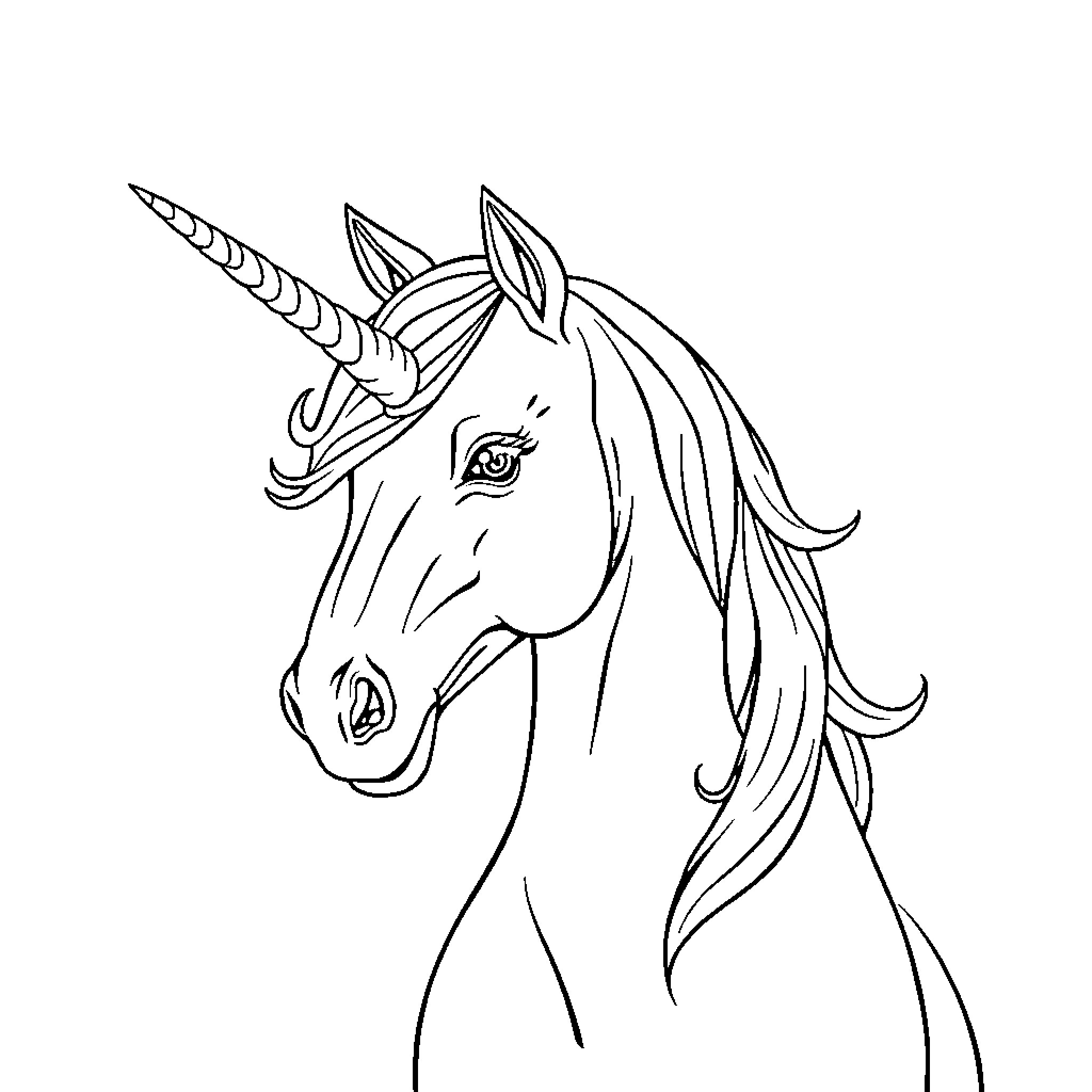 Unicorn with flowing mane and horn Coloring Page (free black-and-white line drawing printable PDF for all, from beginners to advanced learners, including children, teens, adults, and seniors)