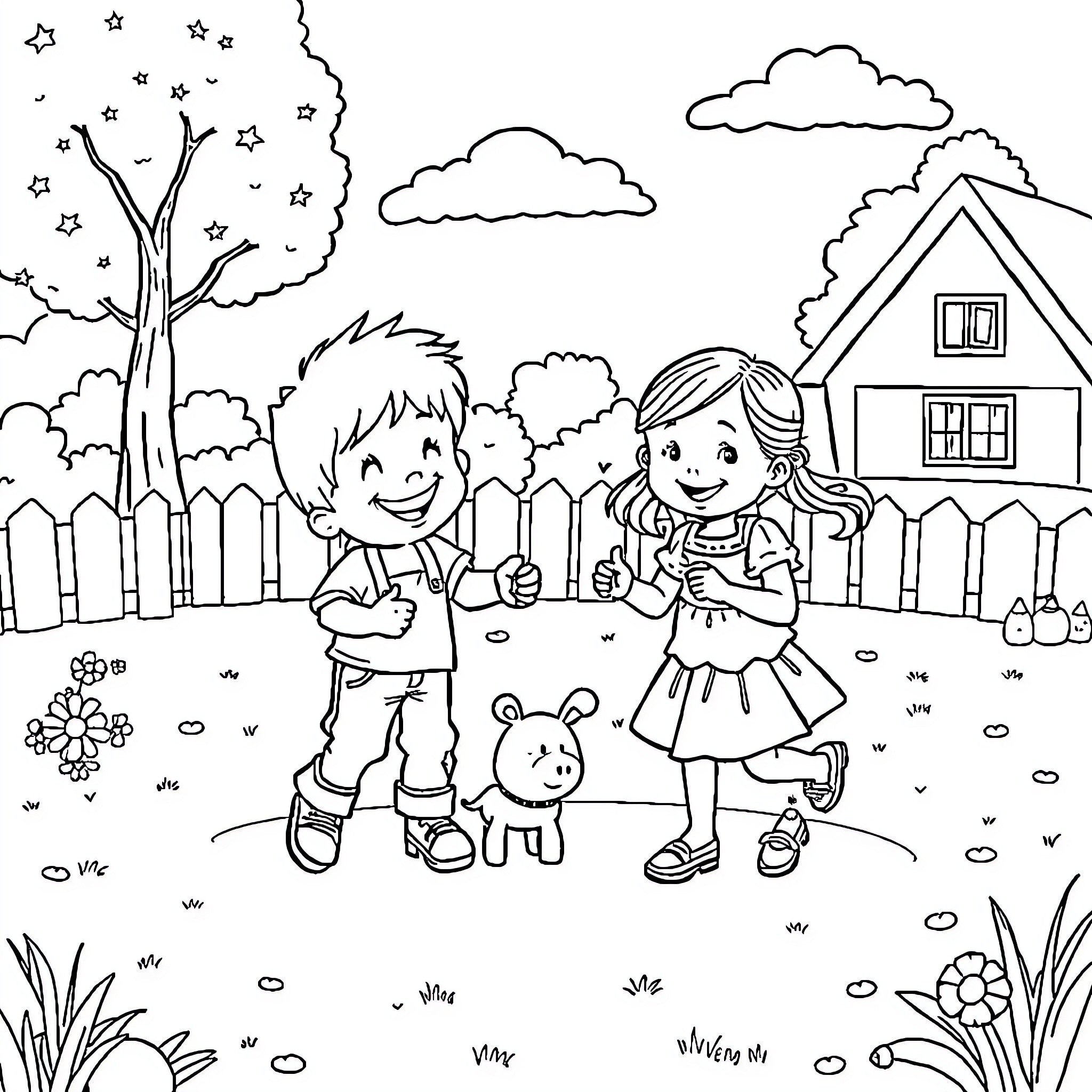 Child playing happily with friends in the yard Coloring Page (free black-and-white line drawing printable PDF for all, from beginners to advanced learners, including children, teens, adults, and seniors)