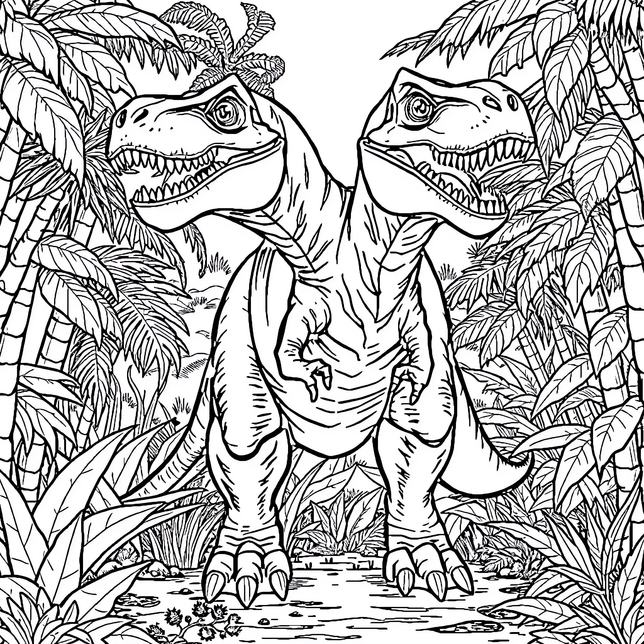 T-Rex Dinosaurs Roaming in the Jungle Coloring Page (free black-and-white line drawing printable PDF for all, from beginners to advanced learners, including children, teens, adults, and seniors)