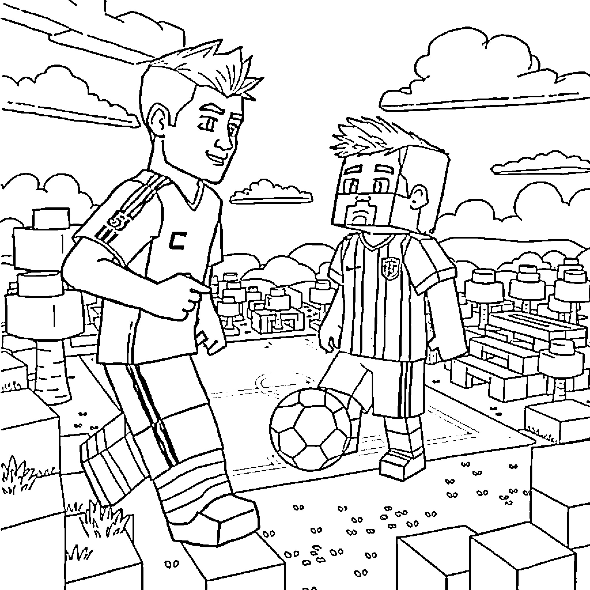 Cristiano Ronaldo playing soccer with friend in the city Coloring Page (free black-and-white line drawing printable PDF for all, from beginners to advanced learners, including children, teens, adults, and seniors)