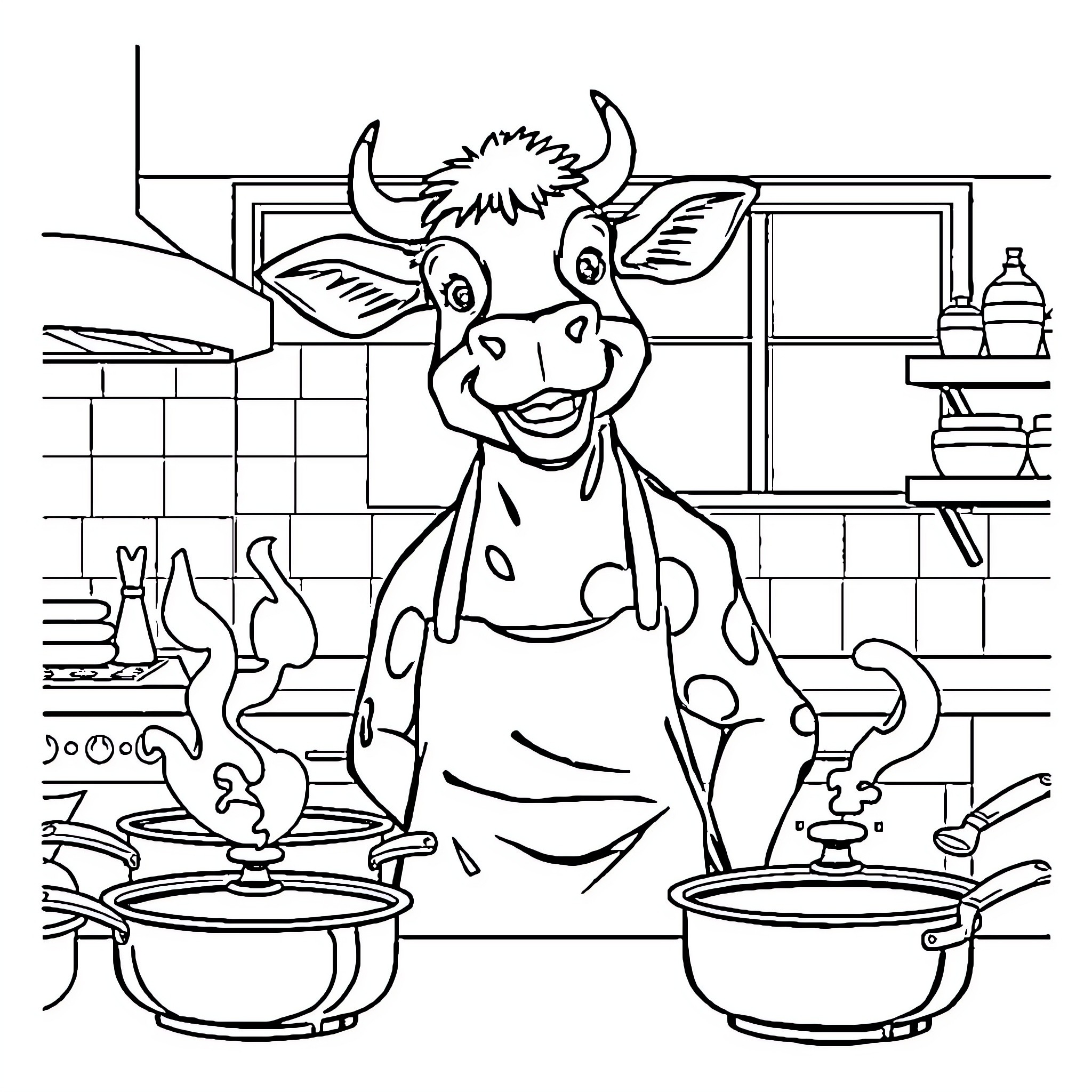 Cow cooking happily in the kitchen Coloring Page (free black-and-white line drawing printable PDF for all, from beginners to advanced learners, including children, teens, adults, and seniors)
