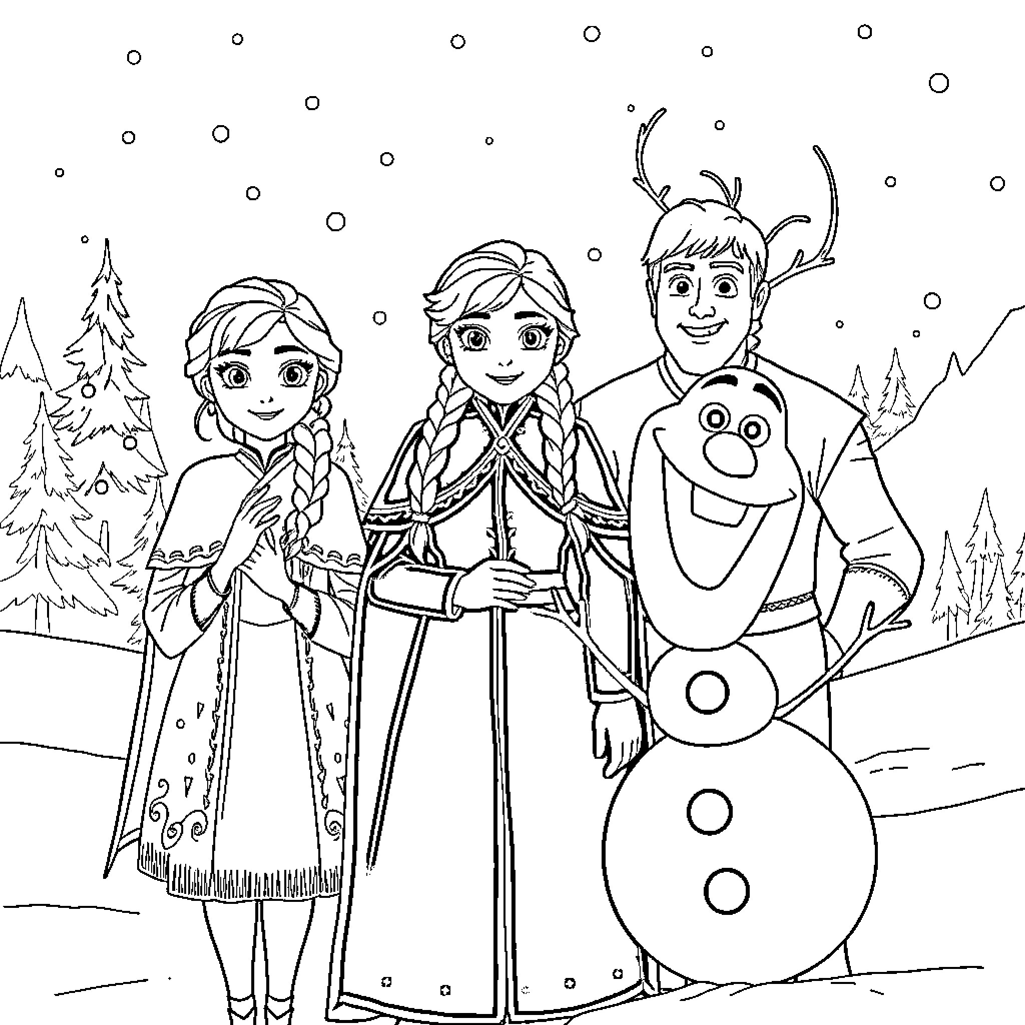 Frozen Characters in Snowy Winter Scene Coloring Page (free black-and-white line drawing printable PDF for all, from beginners to advanced learners, including children, teens, adults, and seniors)