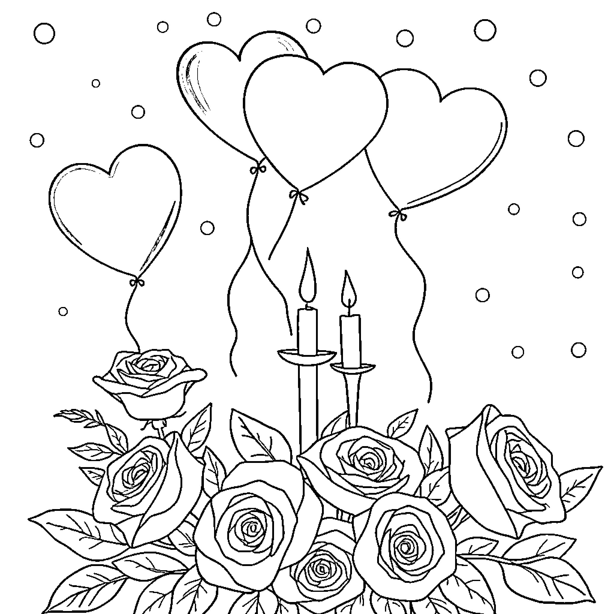 Valentine's Day hearts and roses with candles Coloring Page (free black-and-white line drawing printable PDF for all, from beginners to advanced learners, including children, teens, adults, and seniors)