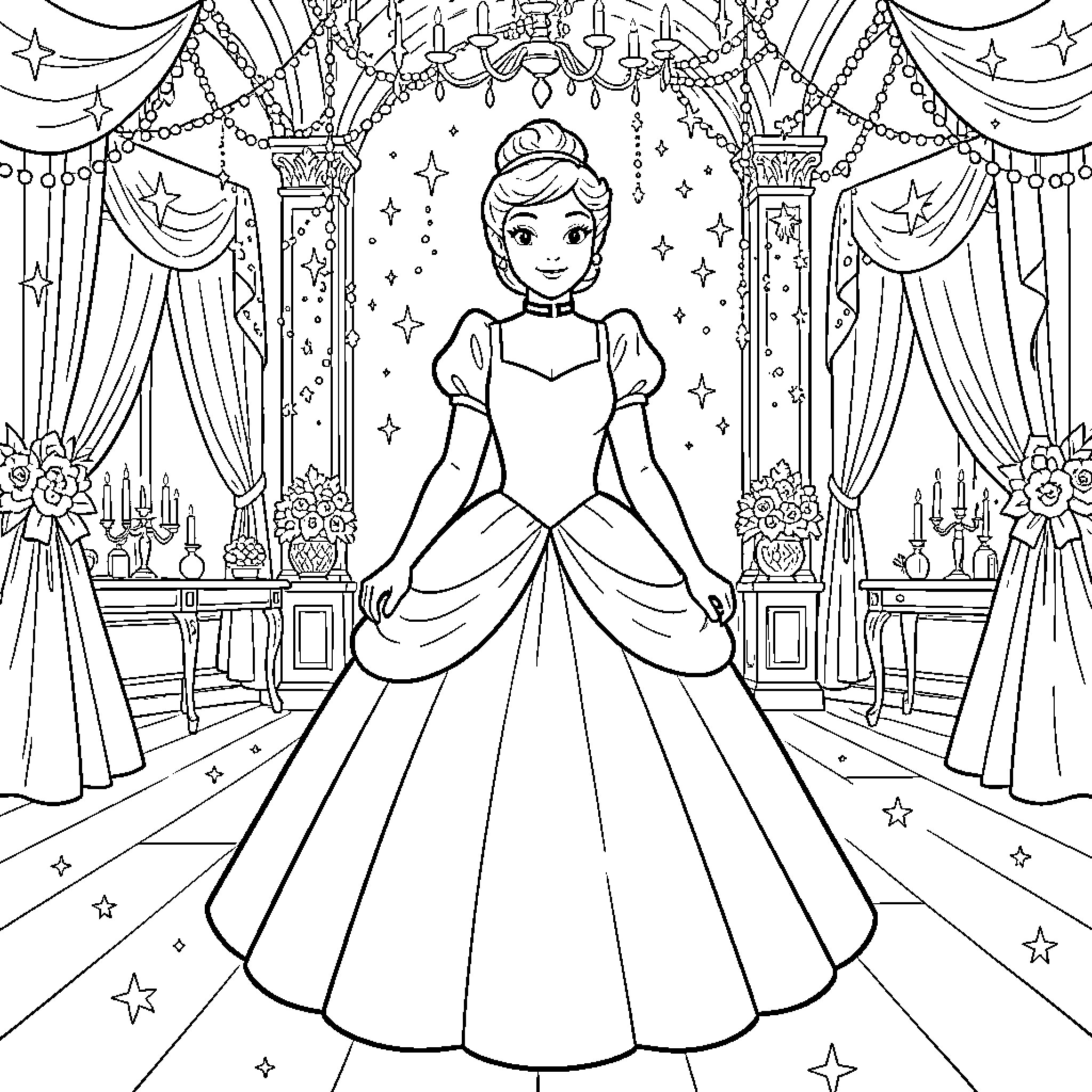 Cinderella's Magical Ballroom Transformation Coloring Page (free black-and-white line drawing printable PDF for all, from beginners to advanced learners, including children, teens, adults, and seniors)