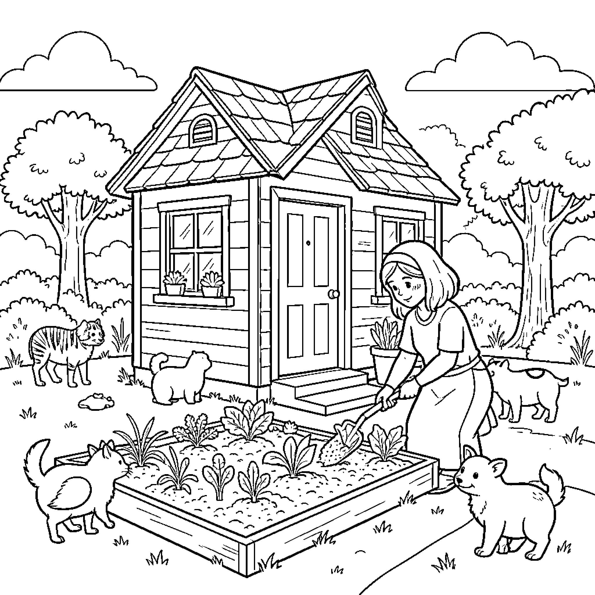 Maison garden scene with a woman planting vegetables Coloring Page (free black-and-white line drawing printable PDF for all, from beginners to advanced learners, including children, teens, adults, and seniors)