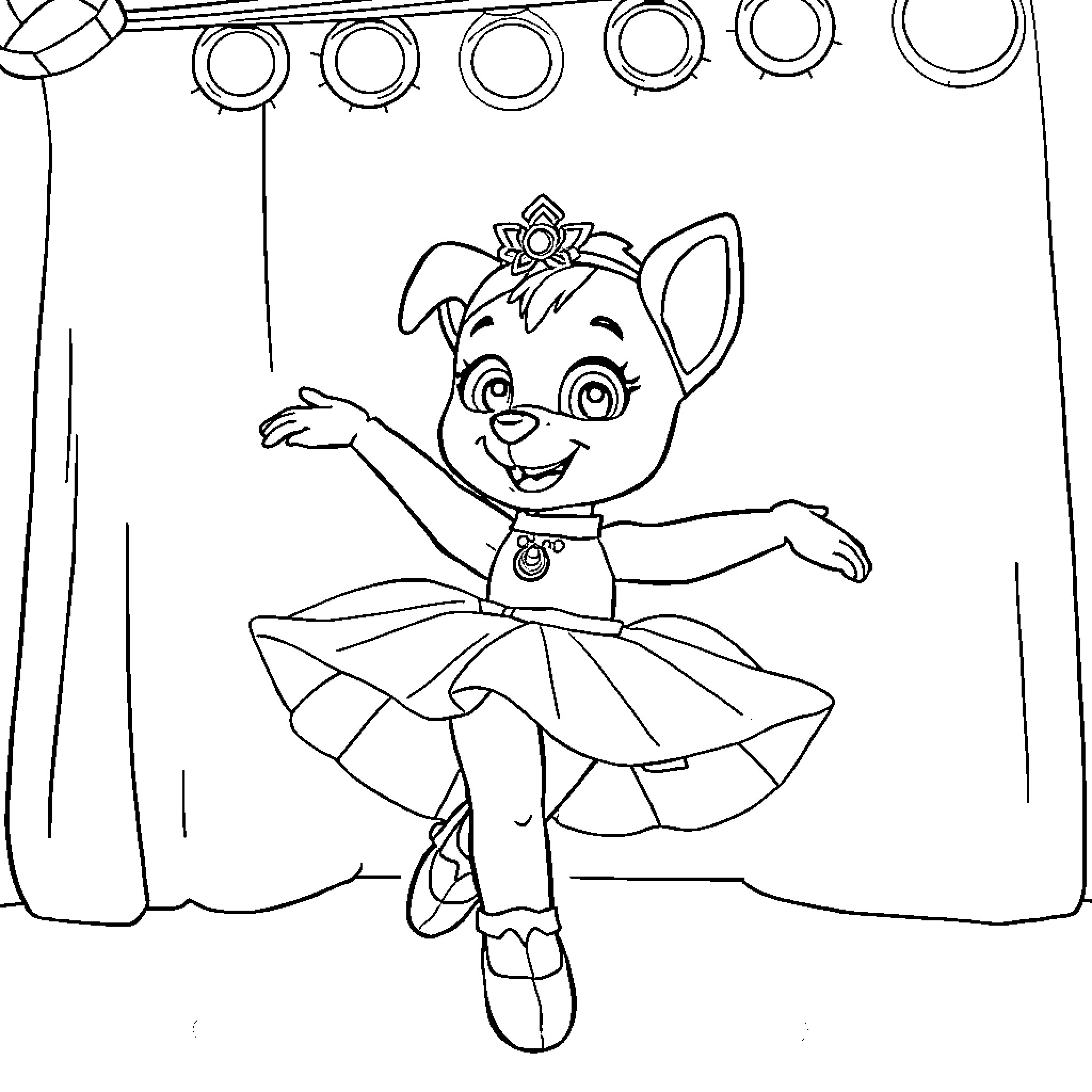 Skye ballerina joyfully performing on stage Coloring Page (free black-and-white line drawing printable PDF for all, from beginners to advanced learners, including children, teens, adults, and seniors)