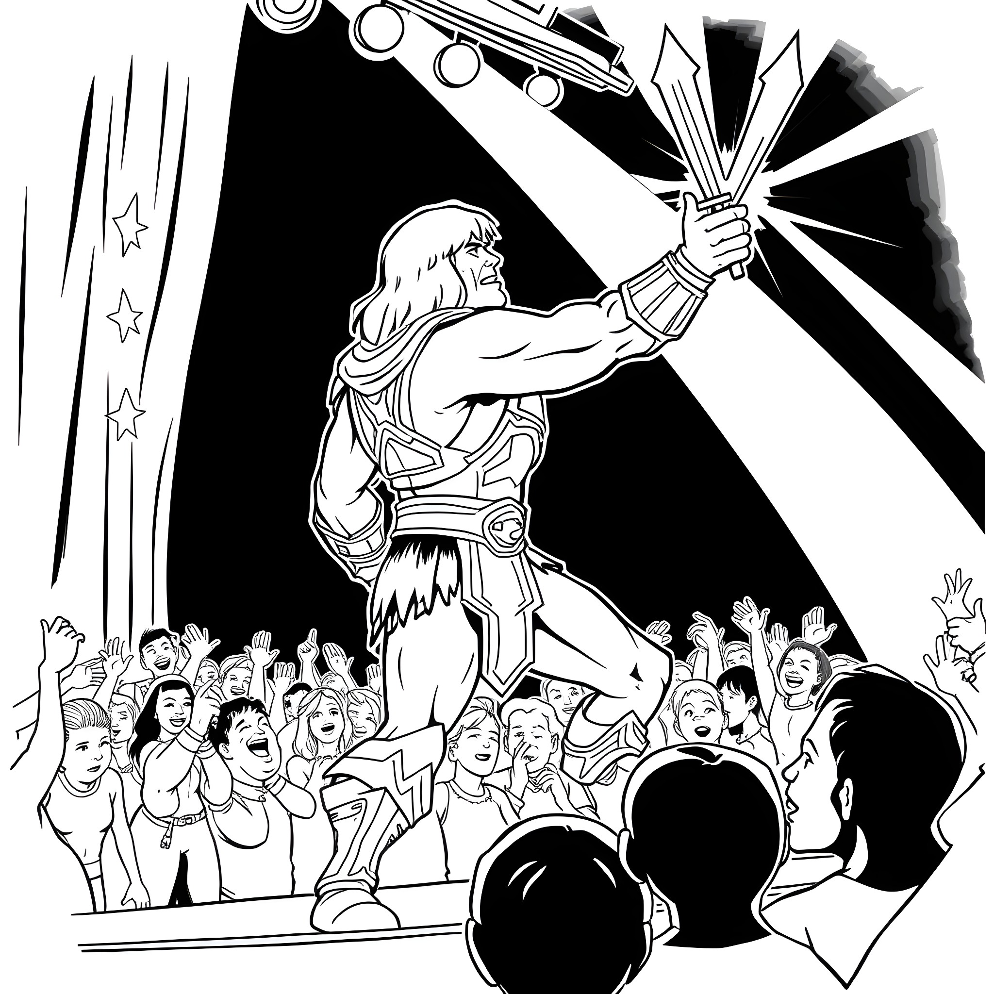 He-Man displaying power to adoring crowd Coloring Page (free black-and-white line drawing printable PDF for all, from beginners to advanced learners, including children, teens, adults, and seniors)
