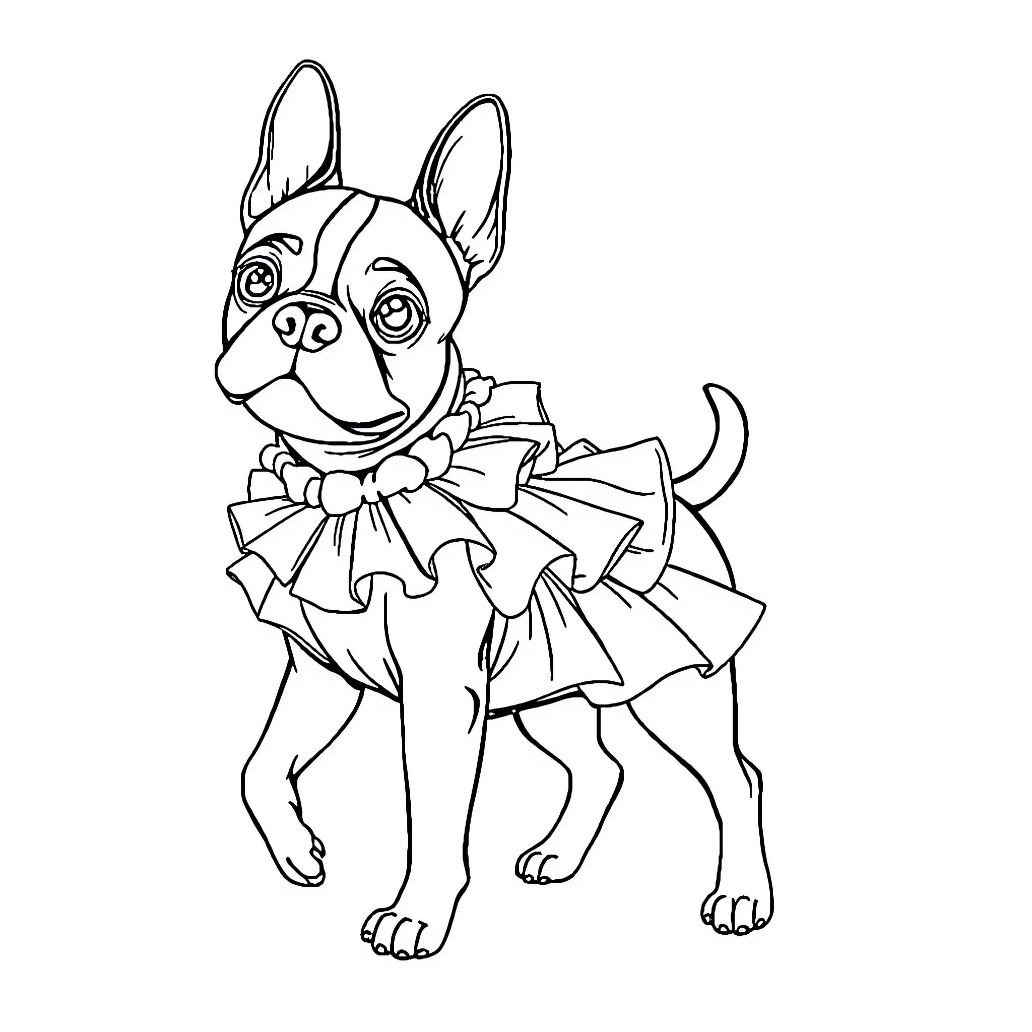 Boston Terrier wearing a festive bow tie Coloring Page (free black-and-white line drawing printable PDF for all, from beginners to advanced learners, including children, teens, adults, and seniors)