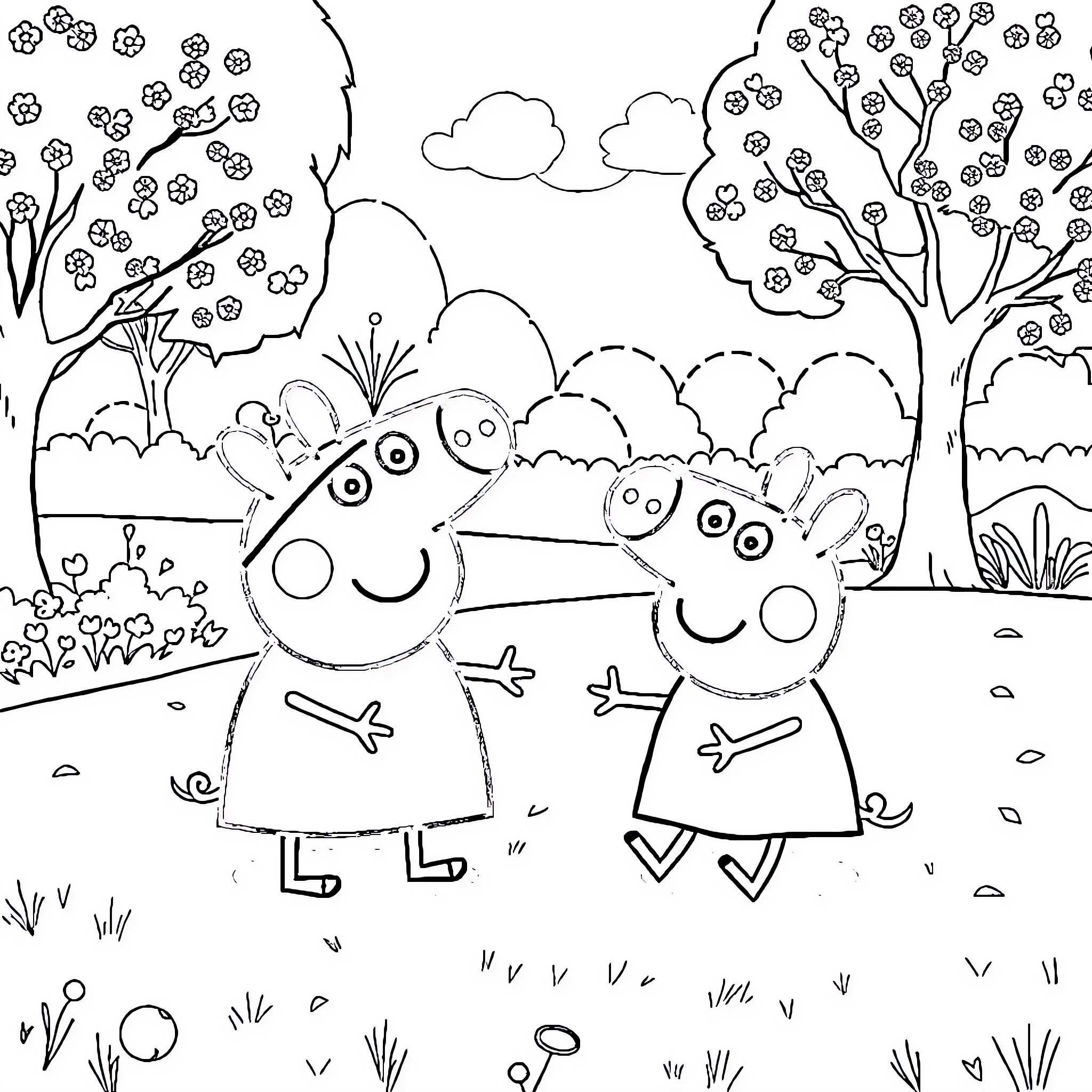 Peppa Pig and Friends in Nature Adventure Coloring Page (free black-and-white line drawing printable PDF for all, from beginners to advanced learners, including children, teens, adults, and seniors)