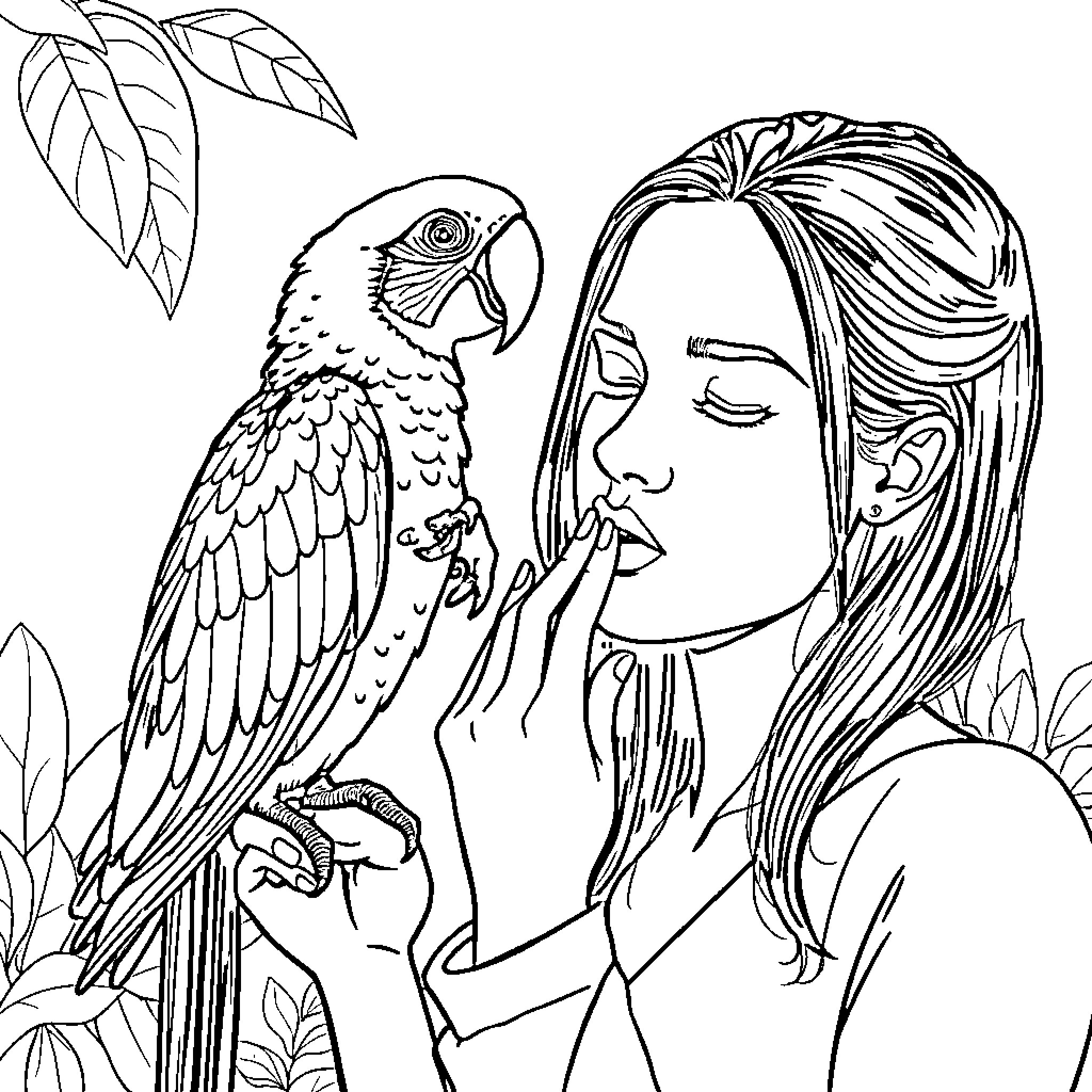 Model with Parrot in Tropical Setting Coloring Page (free black-and-white line drawing printable PDF for all, from beginners to advanced learners, including children, teens, adults, and seniors)