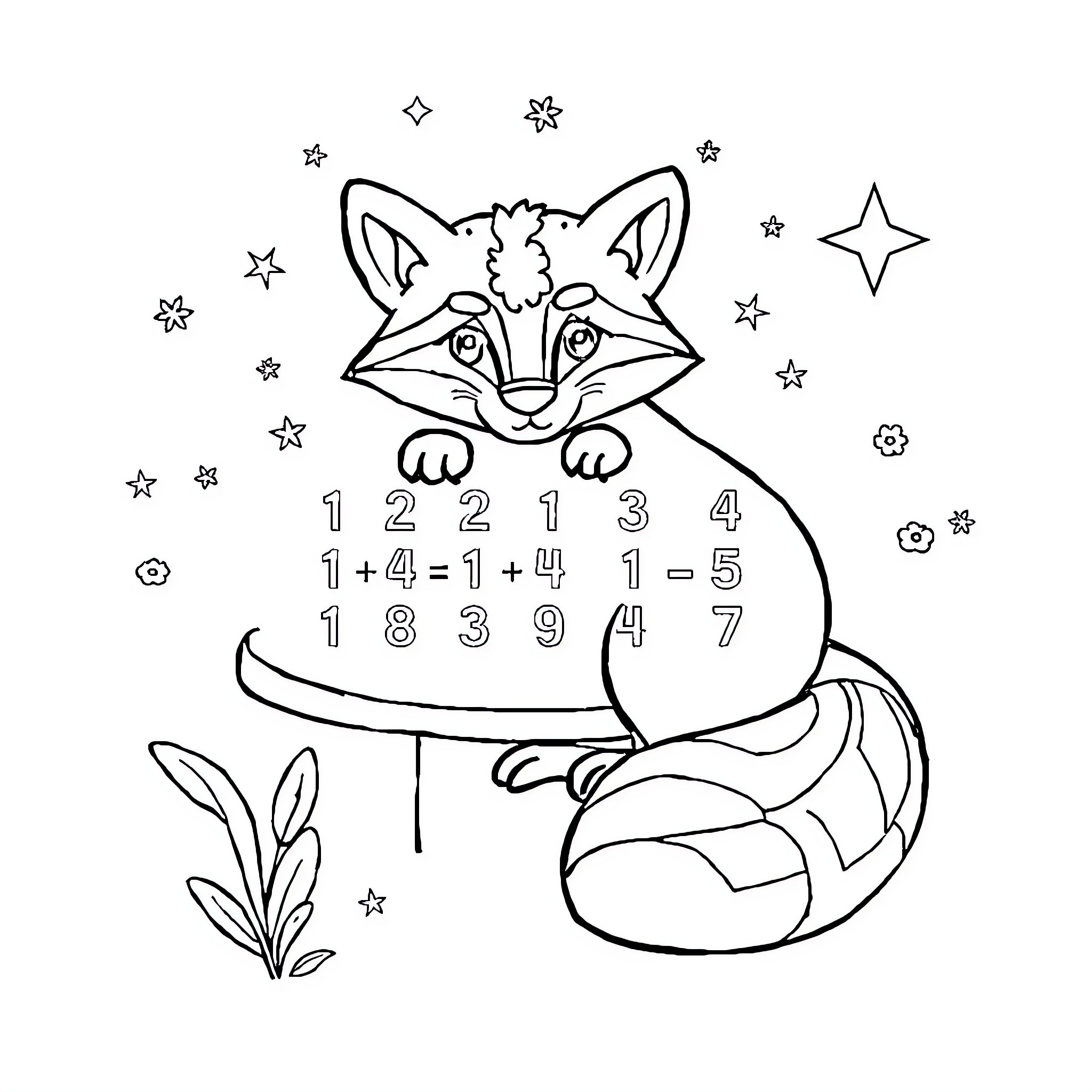 Fox solving math problems with stars Coloring Page (free black-and-white line drawing printable PDF for all, from beginners to advanced learners, including children, teens, adults, and seniors)