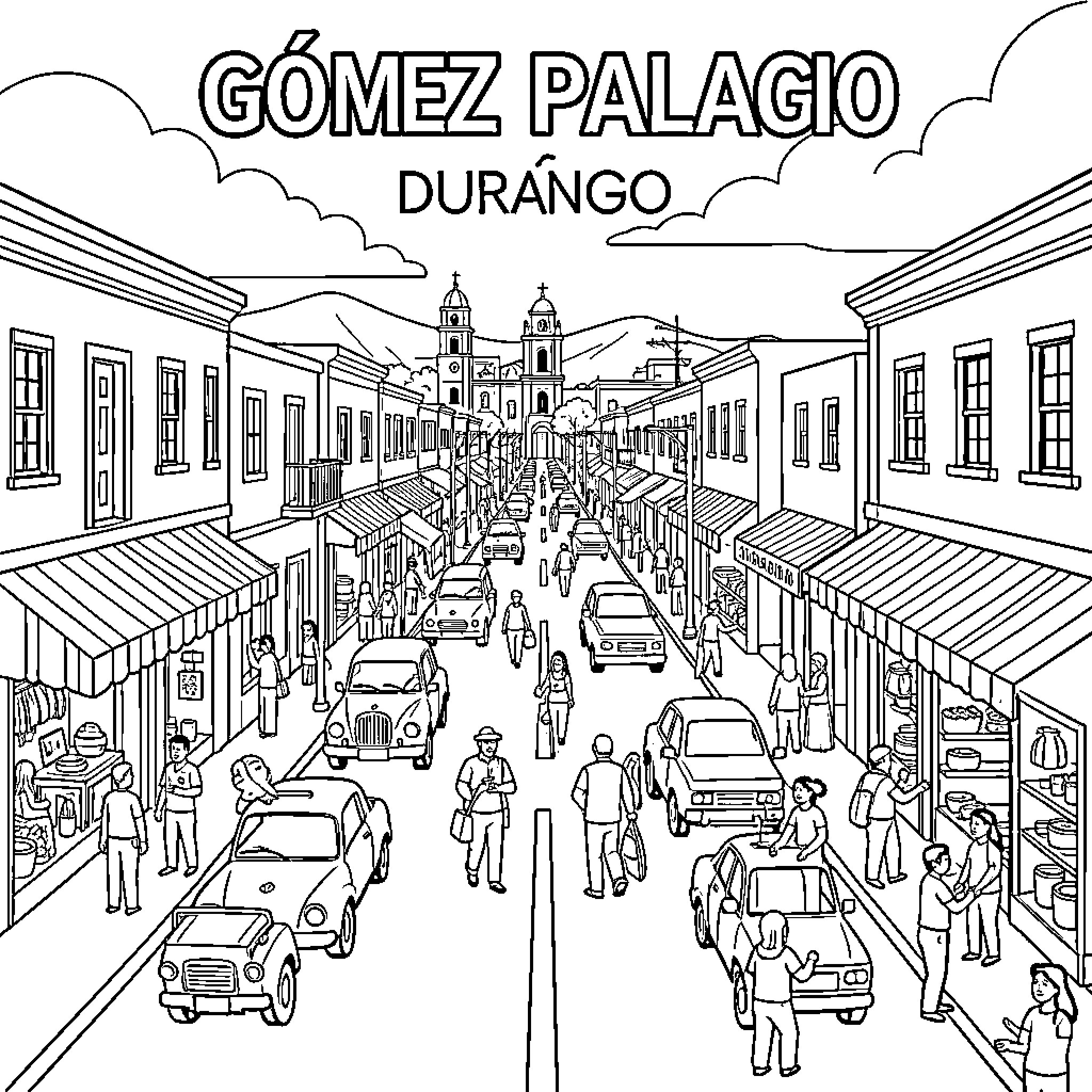 Gómez Palacio street scene with people and vehicles Coloring Page (free black-and-white line drawing printable PDF for all, from beginners to advanced learners, including children, teens, adults, and seniors)