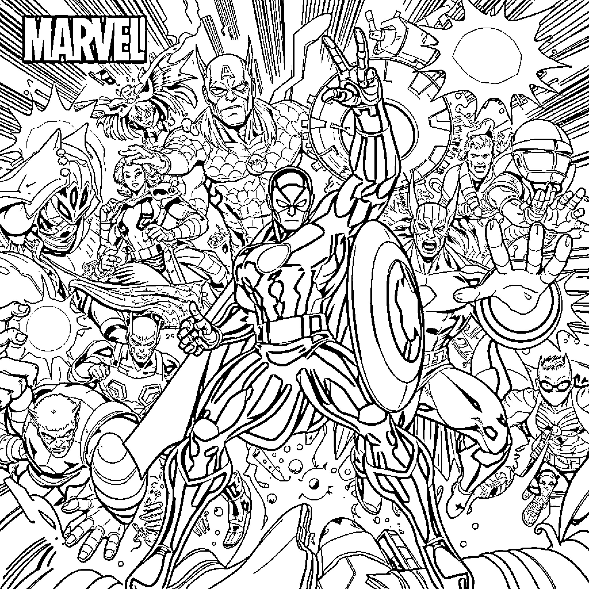 Marvel Heroes' Epic Battle Scenes Coloring Page (free black-and-white line drawing printable PDF for all, from beginners to advanced learners, including children, teens, adults, and seniors)