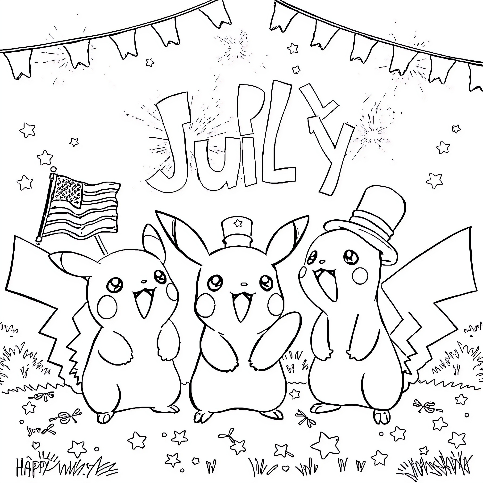 Pokémon celebrating a festive July event Coloring Page (free black-and-white line drawing printable PDF for all, from beginners to advanced learners, including children, teens, adults, and seniors)