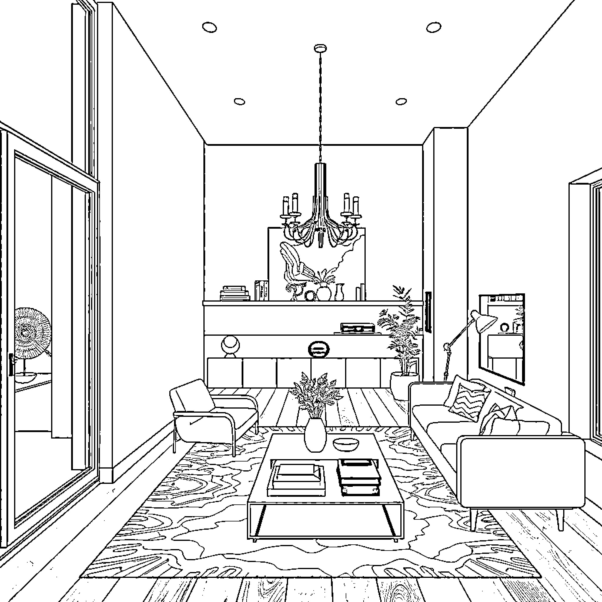 House with cozy living room and modern decor Coloring Page (free black-and-white line drawing printable PDF for all, from beginners to advanced learners, including children, teens, adults, and seniors)