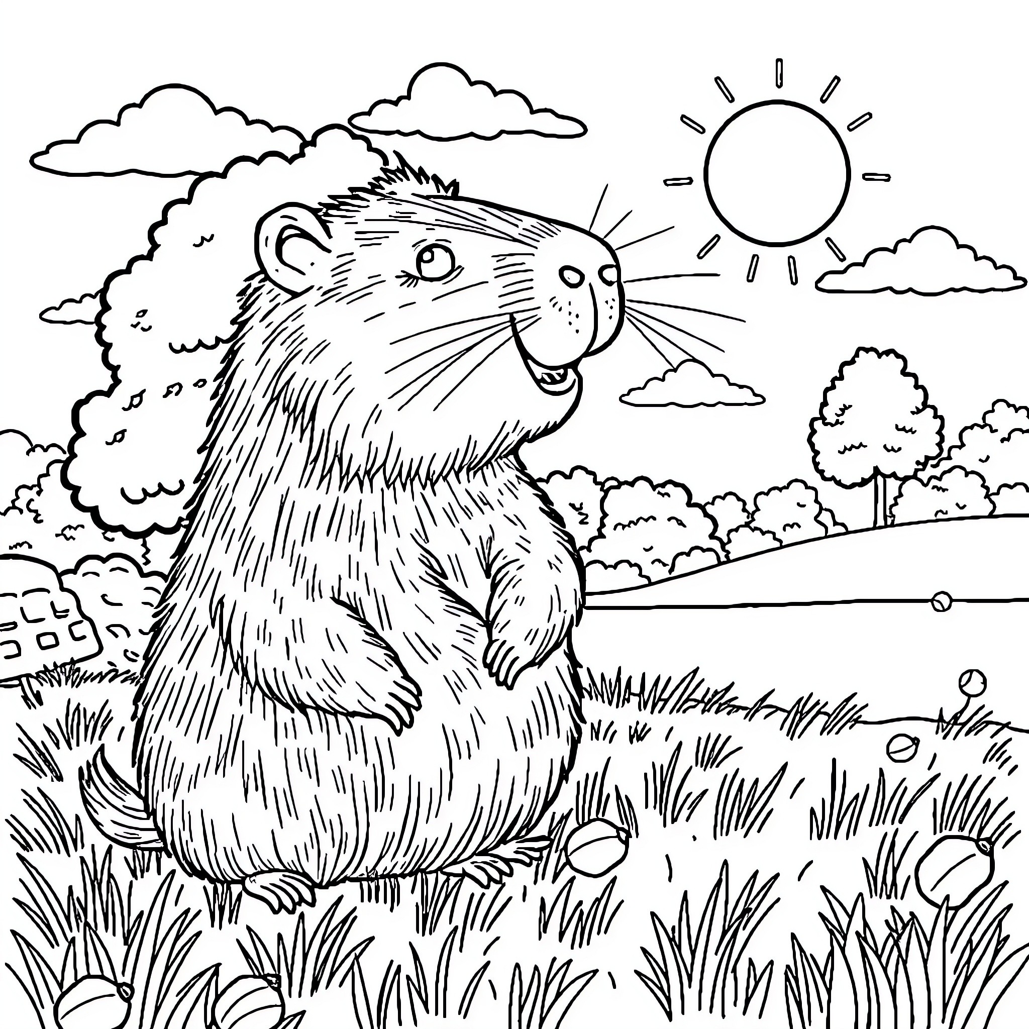 Capybara enjoying a sunny day in the meadow Coloring Page (free black-and-white line drawing printable PDF for all, from beginners to advanced learners, including children, teens, adults, and seniors)