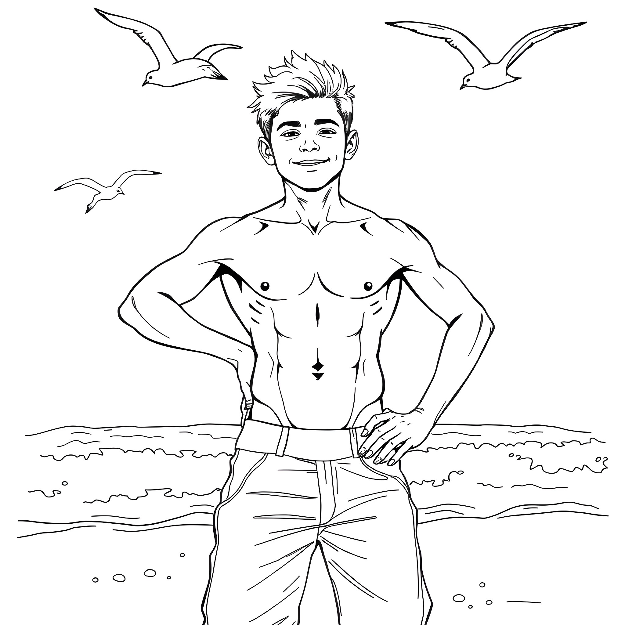 Boy enjoying the beach with seagulls flying overhead Coloring Page (free black-and-white line drawing printable PDF for all, from beginners to advanced learners, including children, teens, adults, and seniors)