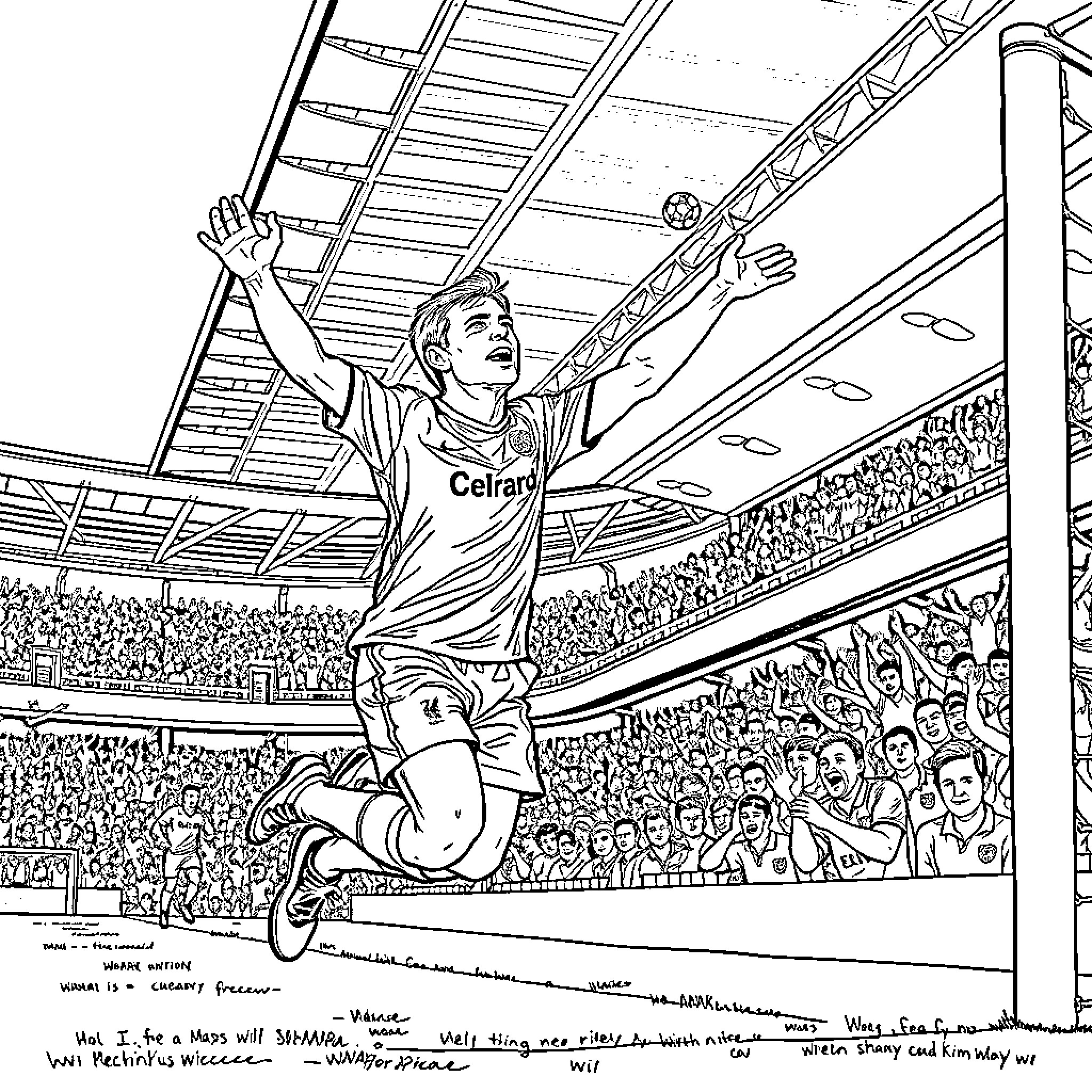 Steven Gerrard celebrating a goal in a packed stadium Coloring Page (free black-and-white line drawing printable PDF for all, from beginners to advanced learners, including children, teens, adults, and seniors)
