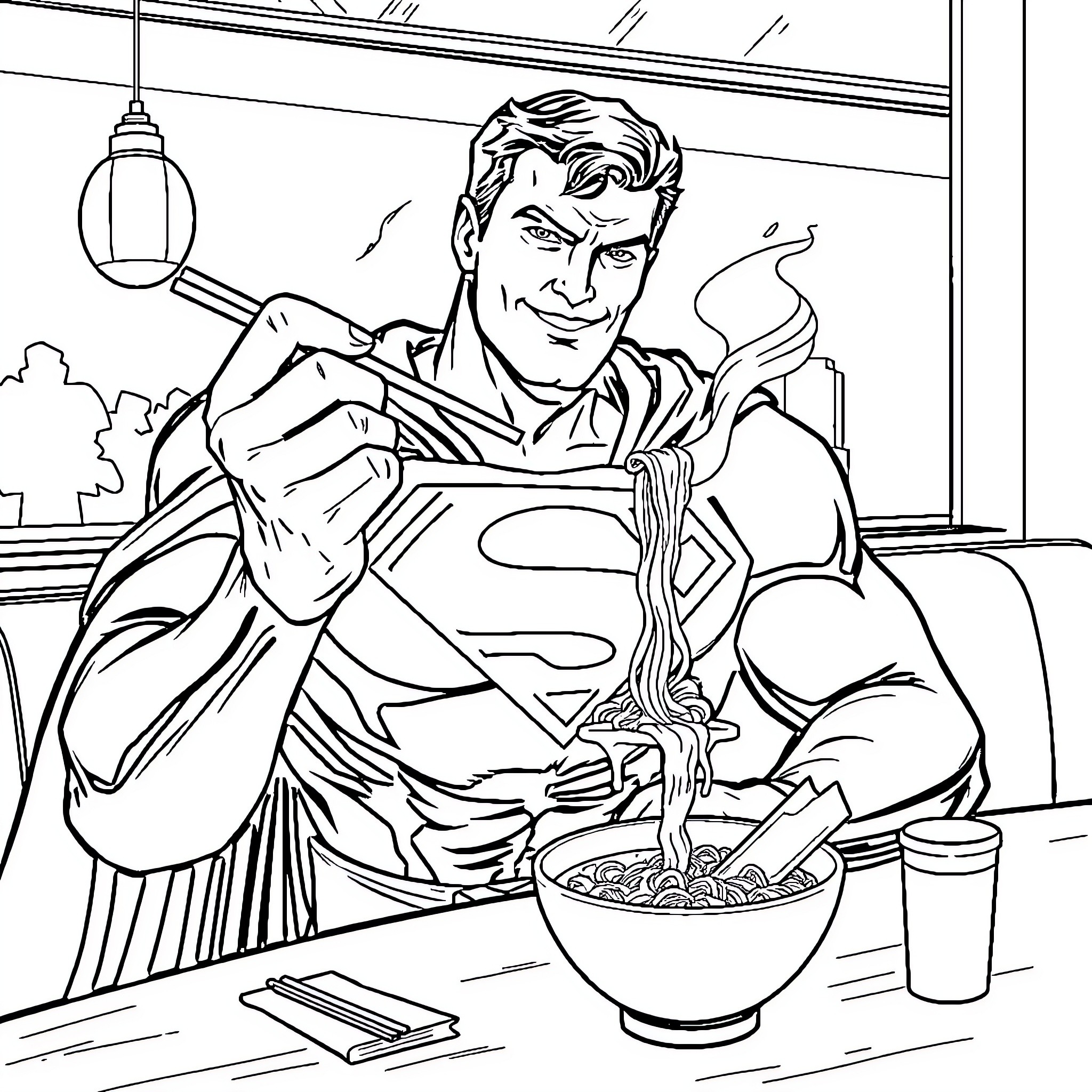 Superman enjoying a hearty meal Coloring Page (free black-and-white line drawing printable PDF for all, from beginners to advanced learners, including children, teens, adults, and seniors)