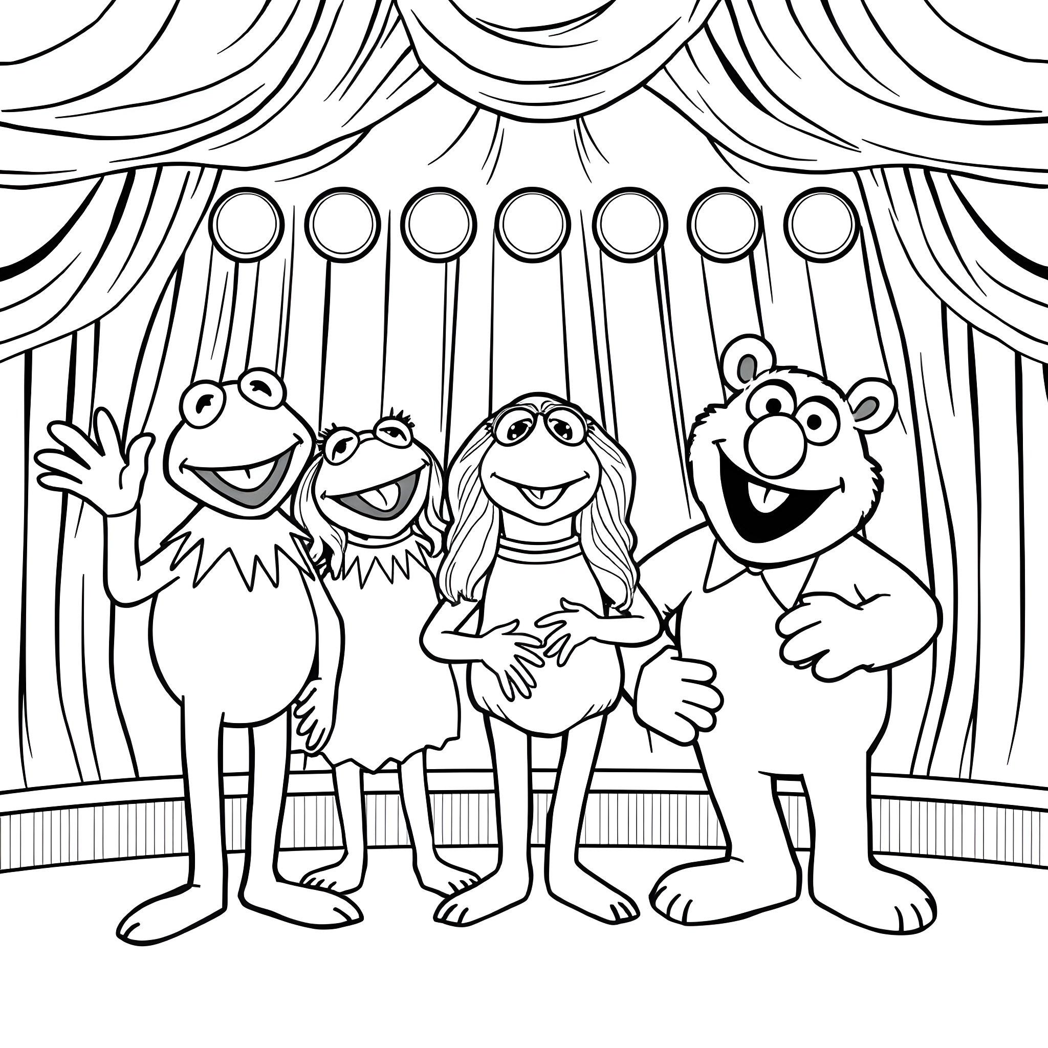 Muppet characters performing on stage Coloring Page (free black-and-white line drawing printable PDF for all, from beginners to advanced learners, including children, teens, adults, and seniors)