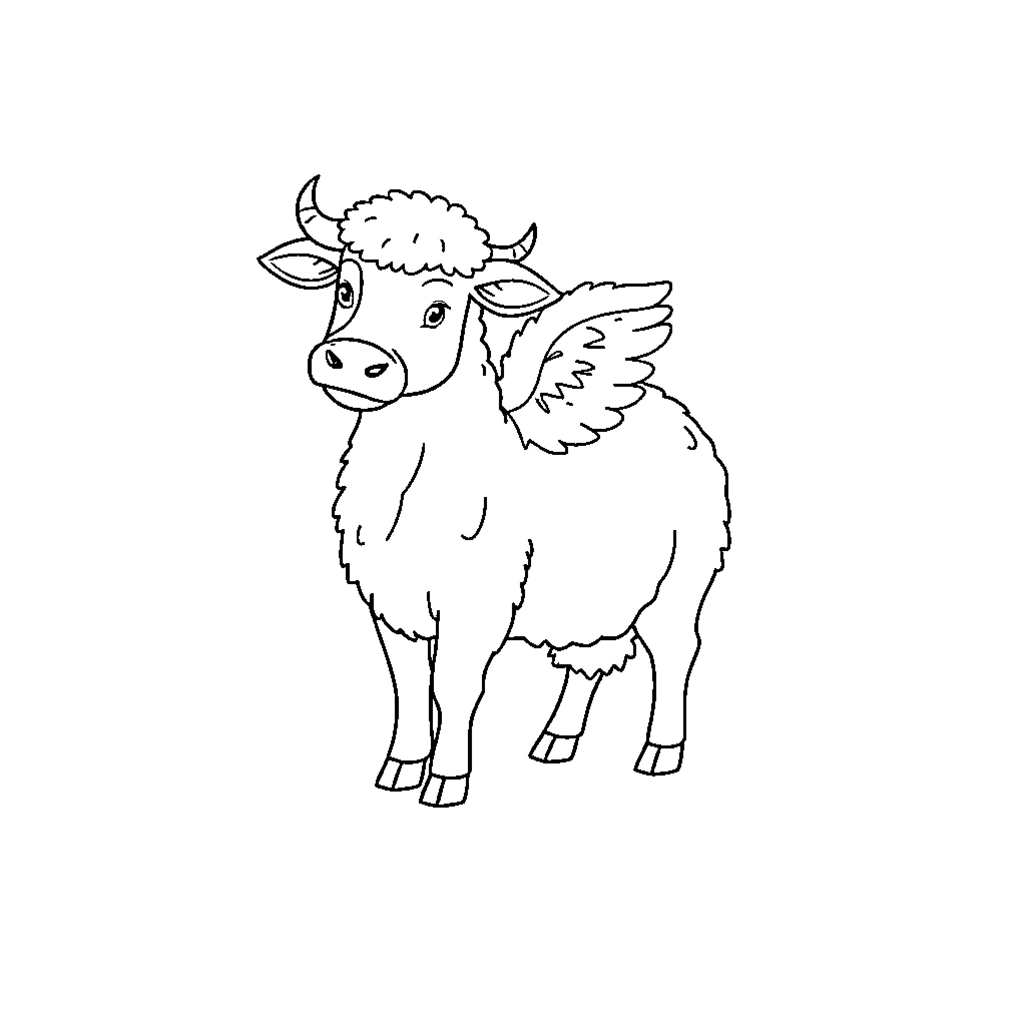 Cow Sheep with wings in outline Coloring Page (free black-and-white line drawing printable PDF for all, from beginners to advanced learners, including children, teens, adults, and seniors)