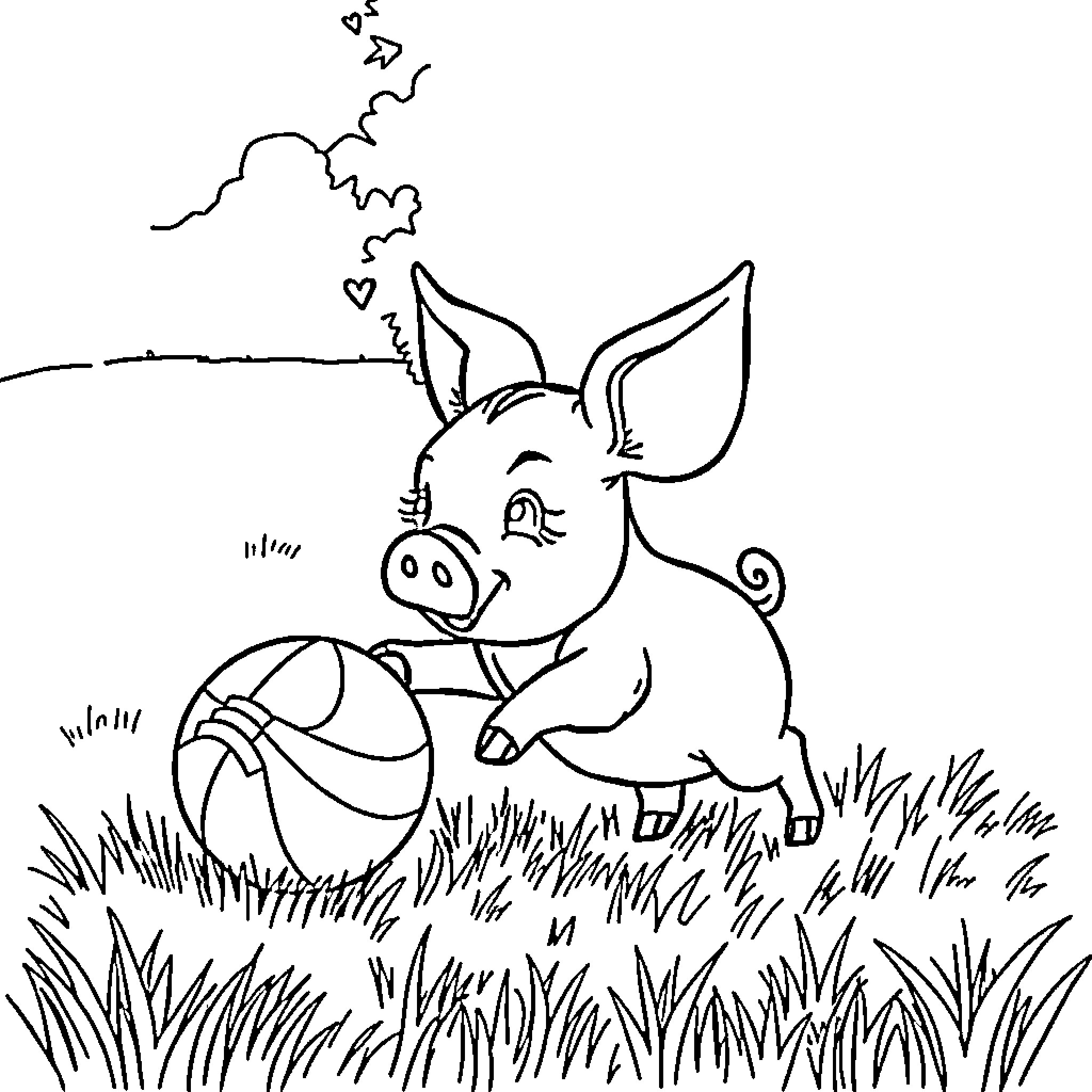 Pig playing joyfully with ball in grassy field Coloring Page (free black-and-white line drawing printable PDF for all, from beginners to advanced learners, including children, teens, adults, and seniors)