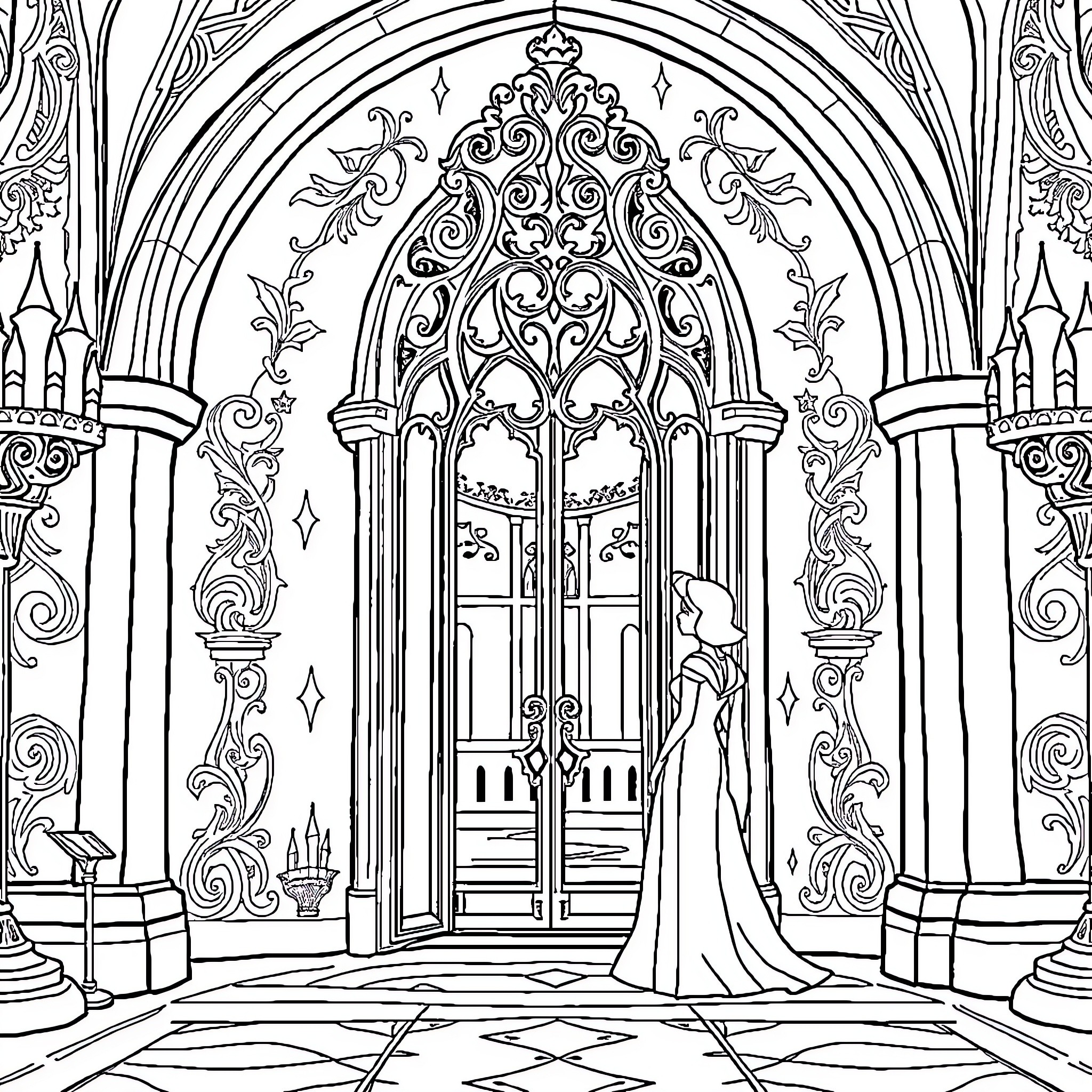 Snow White in a Majestic Castle Doorway Coloring Page (free black-and-white line drawing printable PDF for all, from beginners to advanced learners, including children, teens, adults, and seniors)