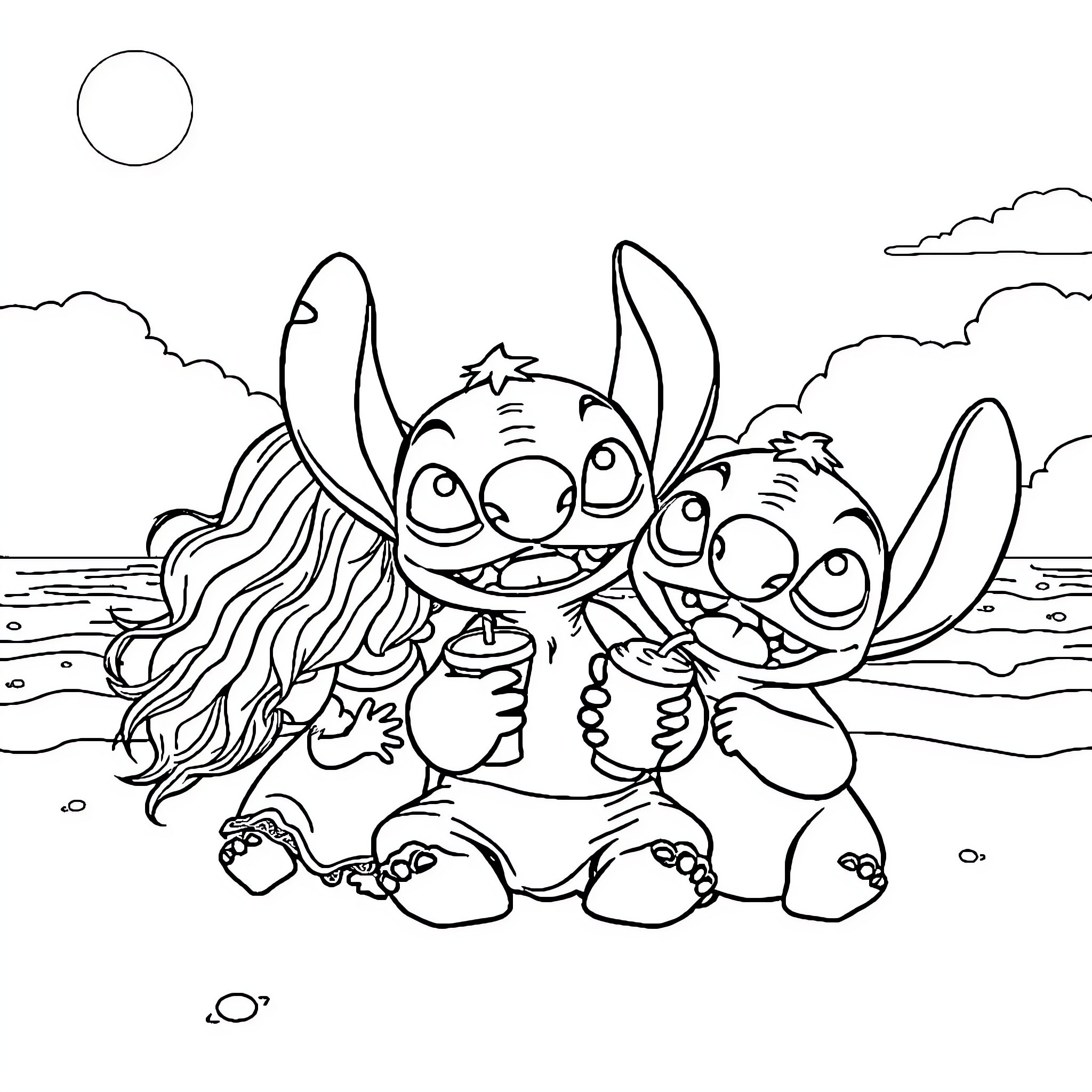 Lilo and Stitch explore the beach together Coloring Page (free black-and-white line drawing printable PDF for all, from beginners to advanced learners, including children, teens, adults, and seniors)