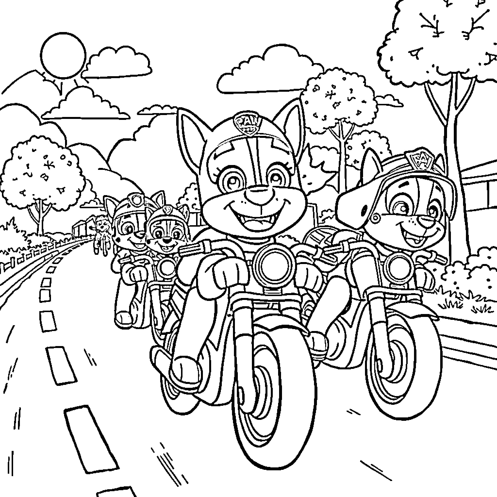 Bluey and Pals Ride Motorcycles on the Road Coloring Page (free black-and-white line drawing printable PDF for all, from beginners to advanced learners, including children, teens, adults, and seniors)