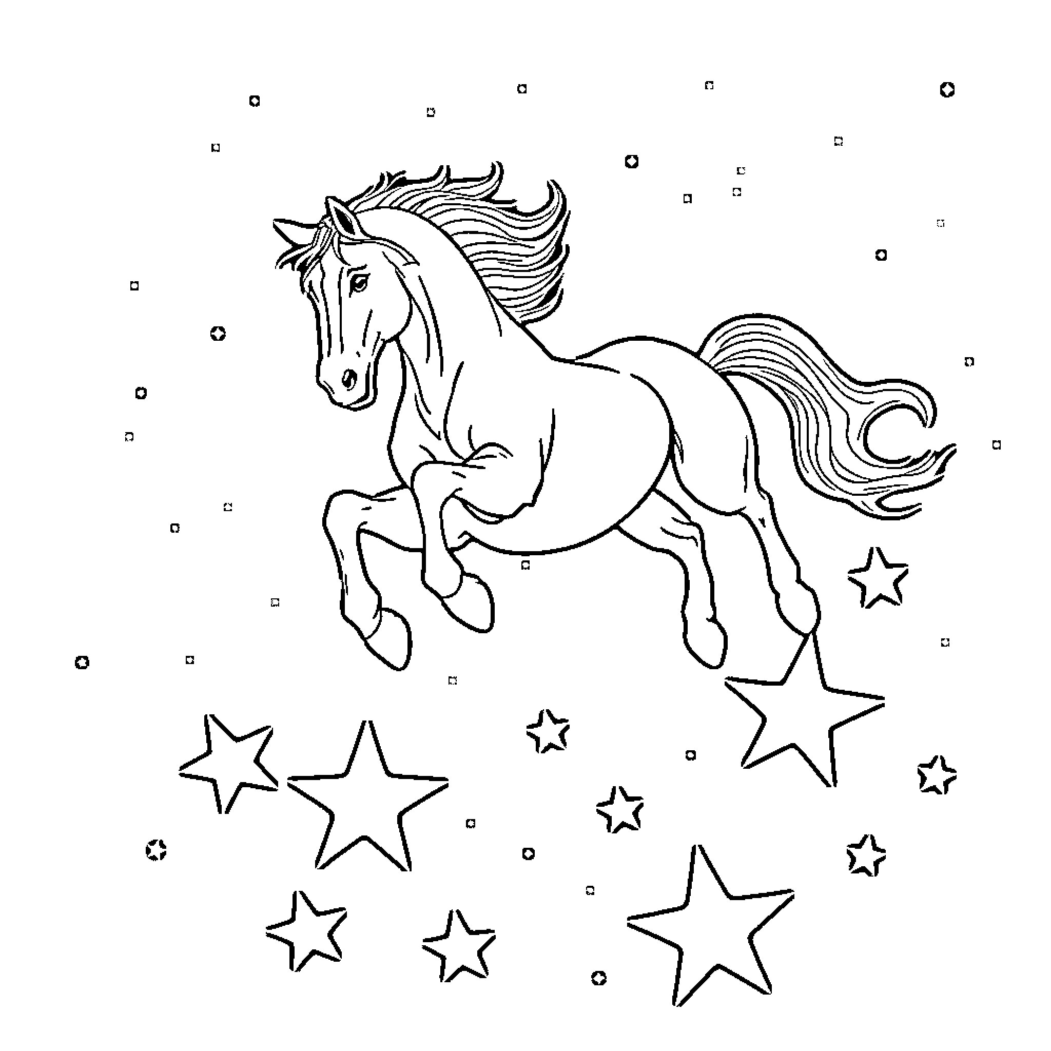 Horse galloping amidst shining stars Coloring Page (free black-and-white line drawing printable PDF for all, from beginners to advanced learners, including children, teens, adults, and seniors)