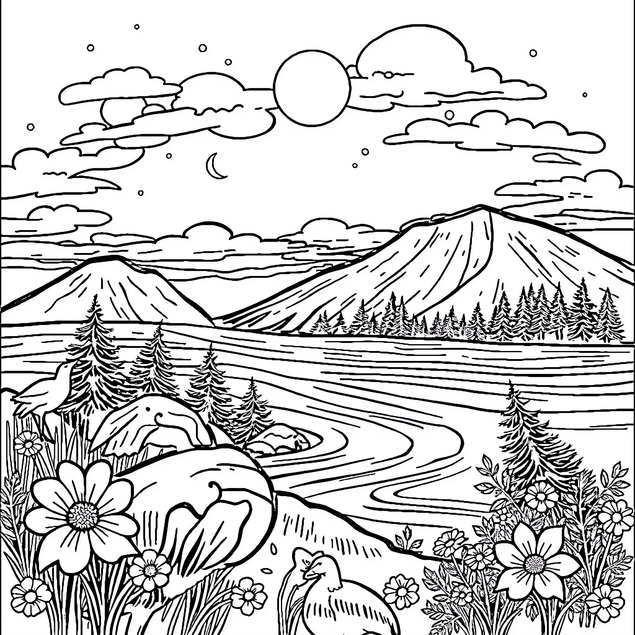 Superman's Serene Mountain Landscape Coloring Page (free black-and-white line drawing printable PDF for all, from beginners to advanced learners, including children, teens, adults, and seniors)