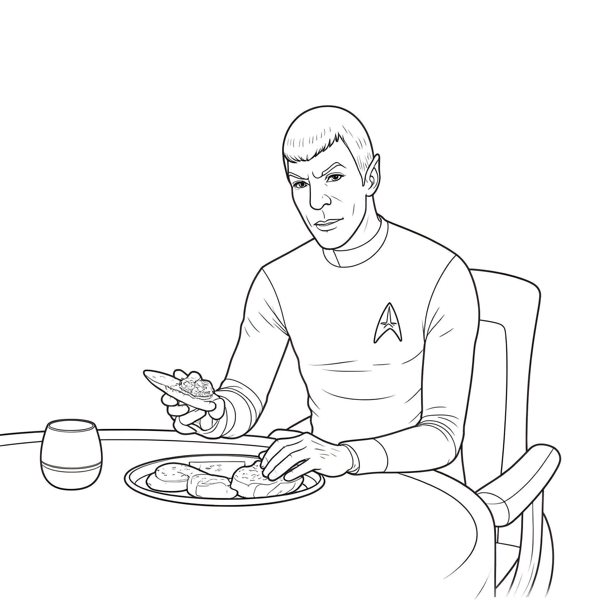 Spock enjoying a meal on the Enterprise Coloring Page (free black-and-white line drawing printable PDF for all, from beginners to advanced learners, including children, teens, adults, and seniors)