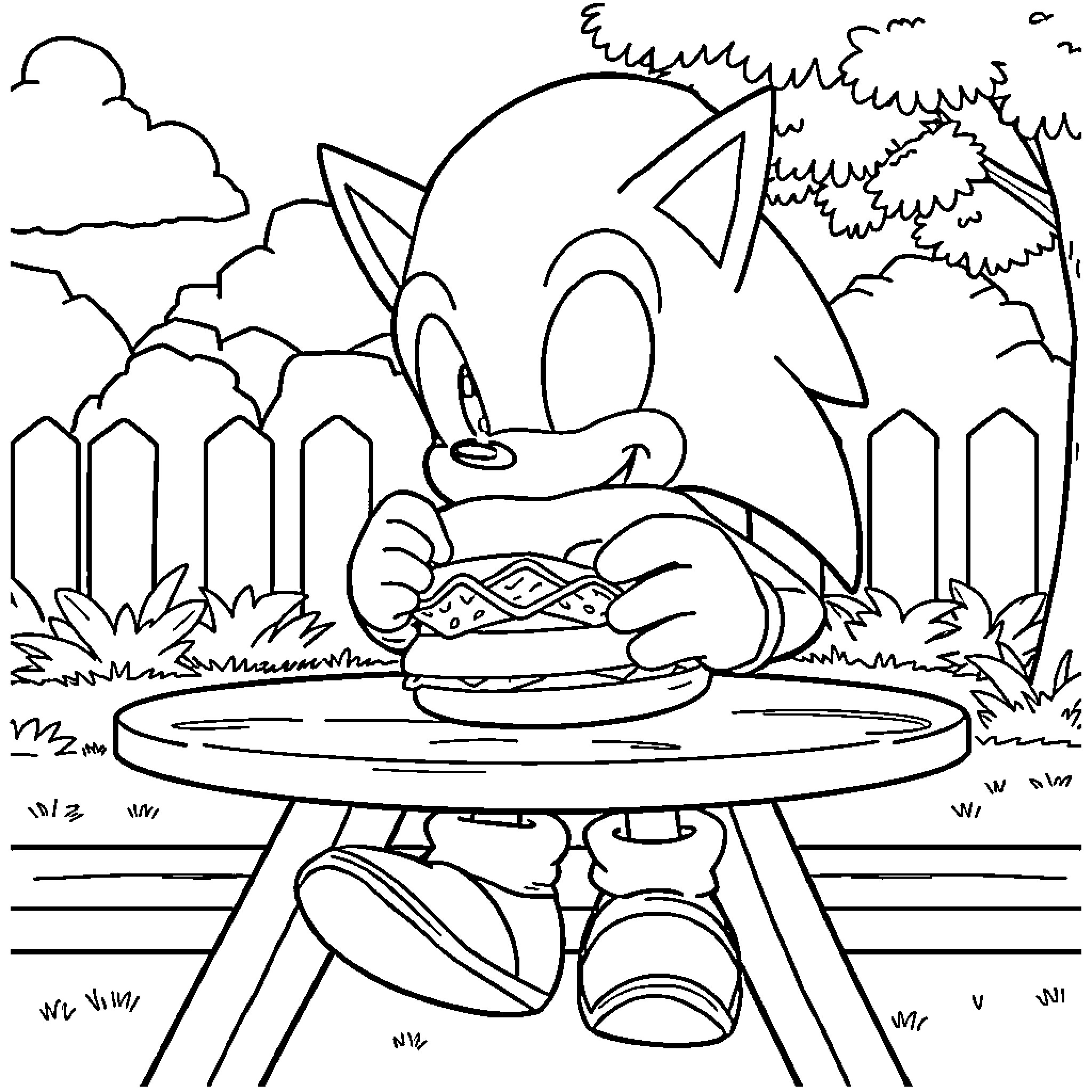 Sonic resting peacefully on picnic table in nature Coloring Page (free black-and-white line drawing printable PDF for all, from beginners to advanced learners, including children, teens, adults, and seniors)
