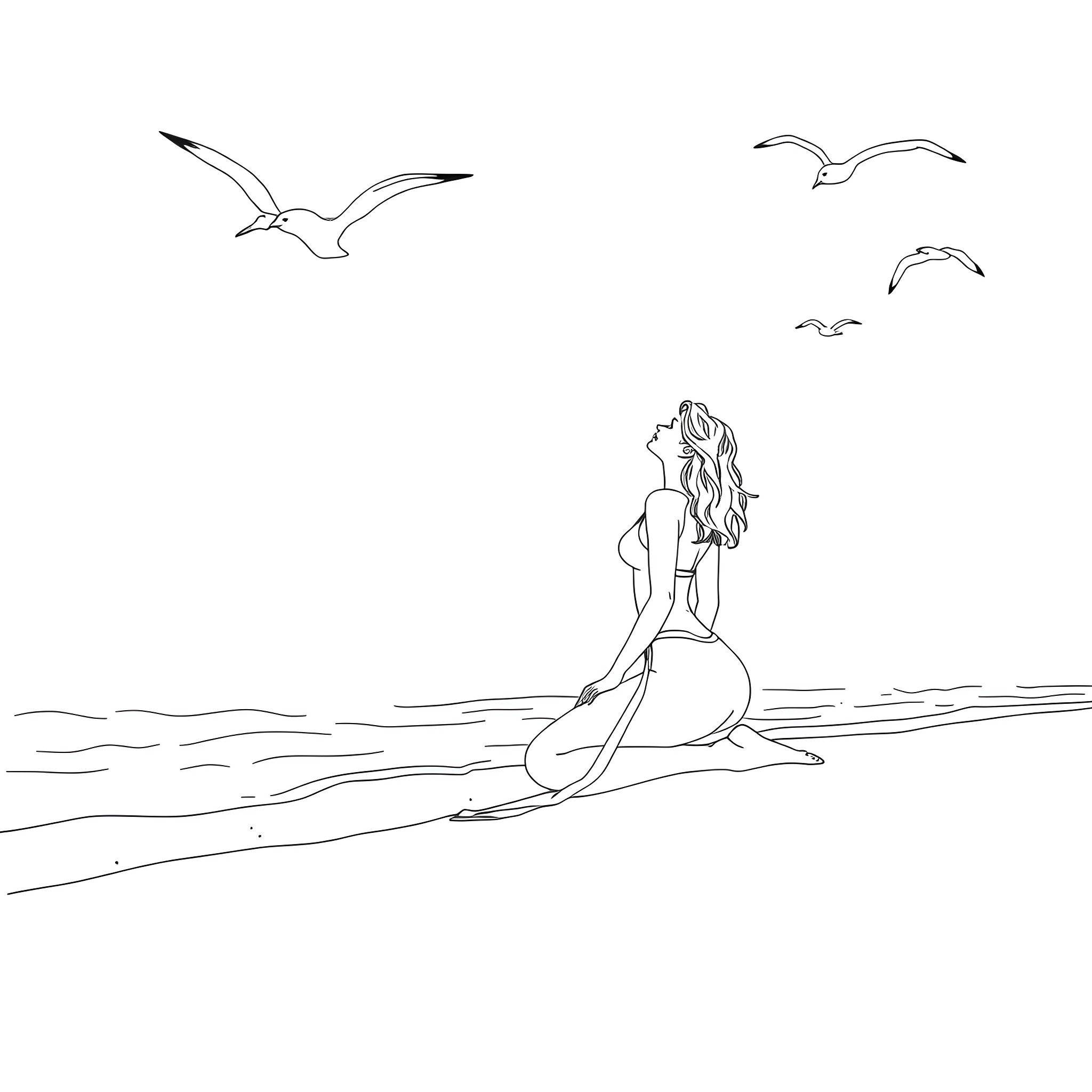 Woman sitting on the beach with seagulls flying Coloring Page (free black-and-white line drawing printable PDF for all, from beginners to advanced learners, including children, teens, adults, and seniors)