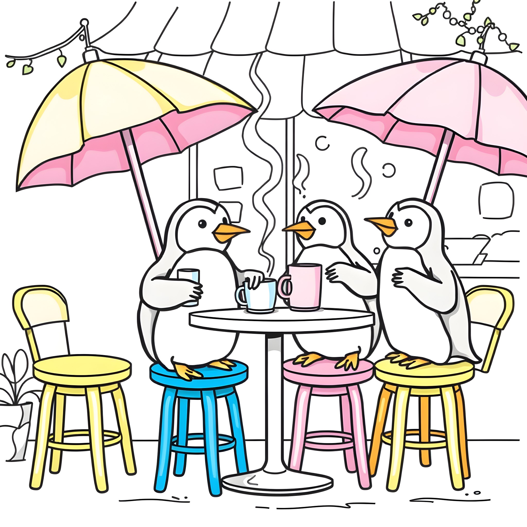 Penguin friends enjoying rainy day with umbrellas Coloring Page (free black-and-white line drawing printable PDF for all, from beginners to advanced learners, including children, teens, adults, and seniors)