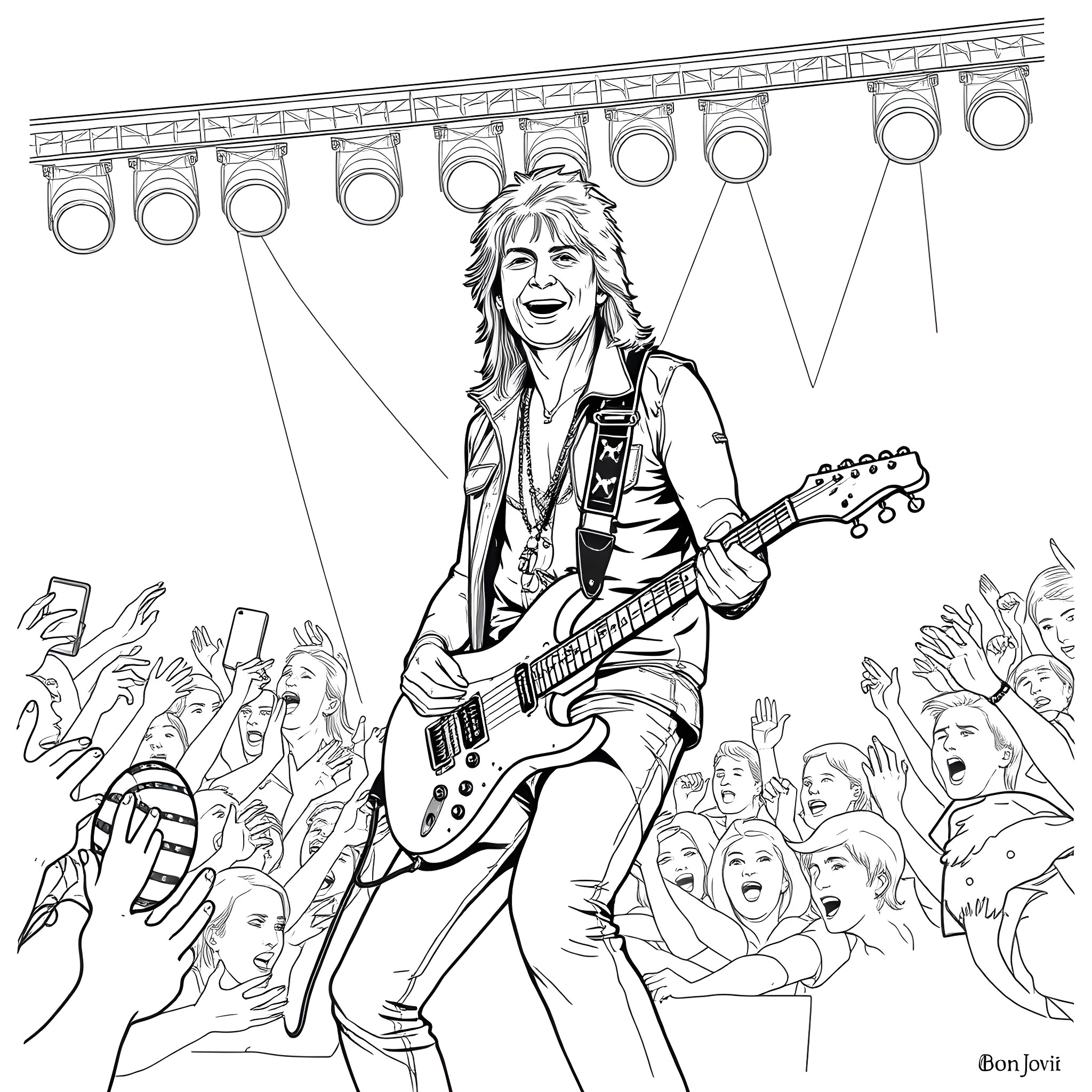 Bon Jovi Rocks the Stage with Energetic Performance Coloring Page (free black-and-white line drawing printable PDF for all, from beginners to advanced learners, including children, teens, adults, and seniors)