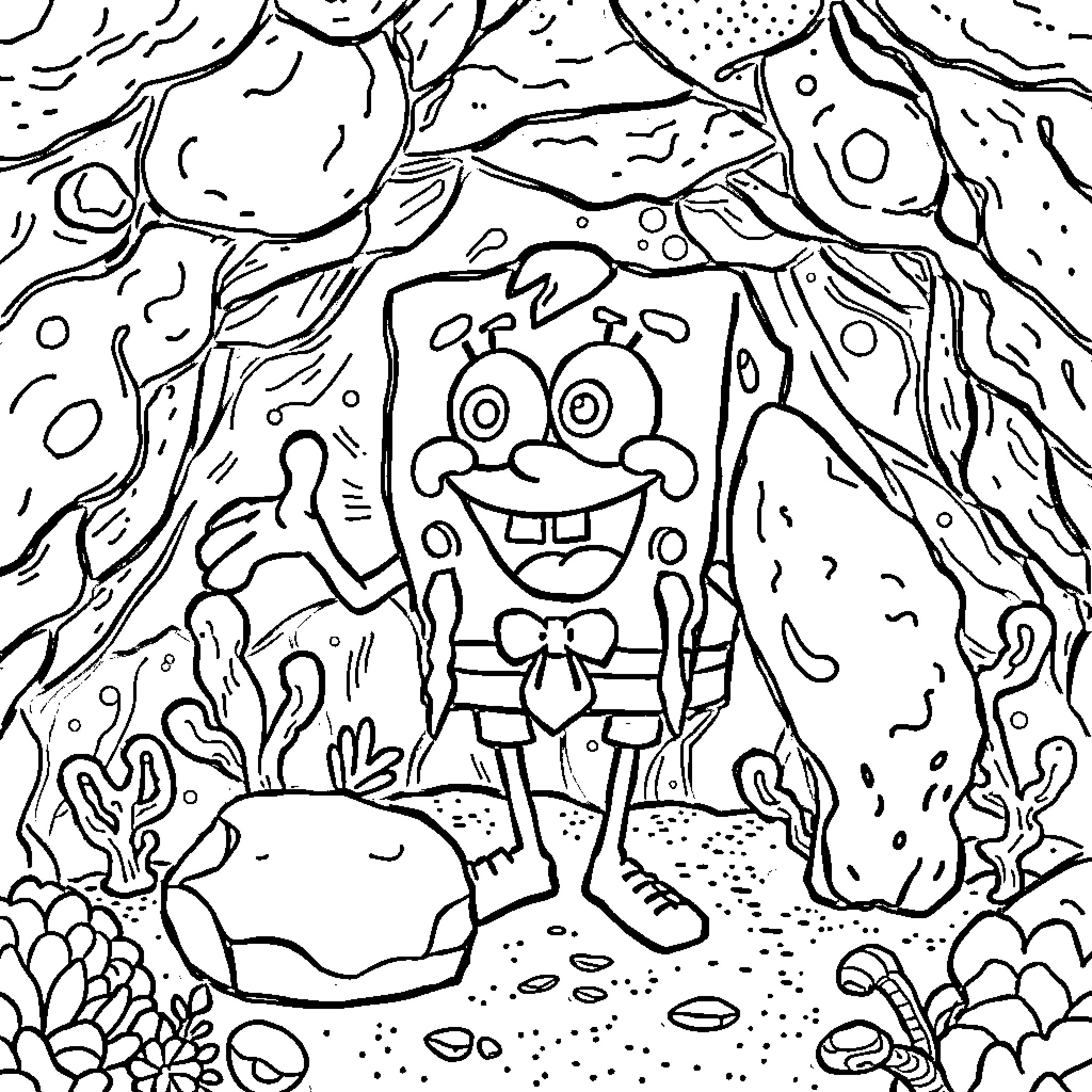 Bob esponja en una escena submarina Coloring Page (free black-and-white line drawing printable PDF for all, from beginners to advanced learners, including children, teens, adults, and seniors)