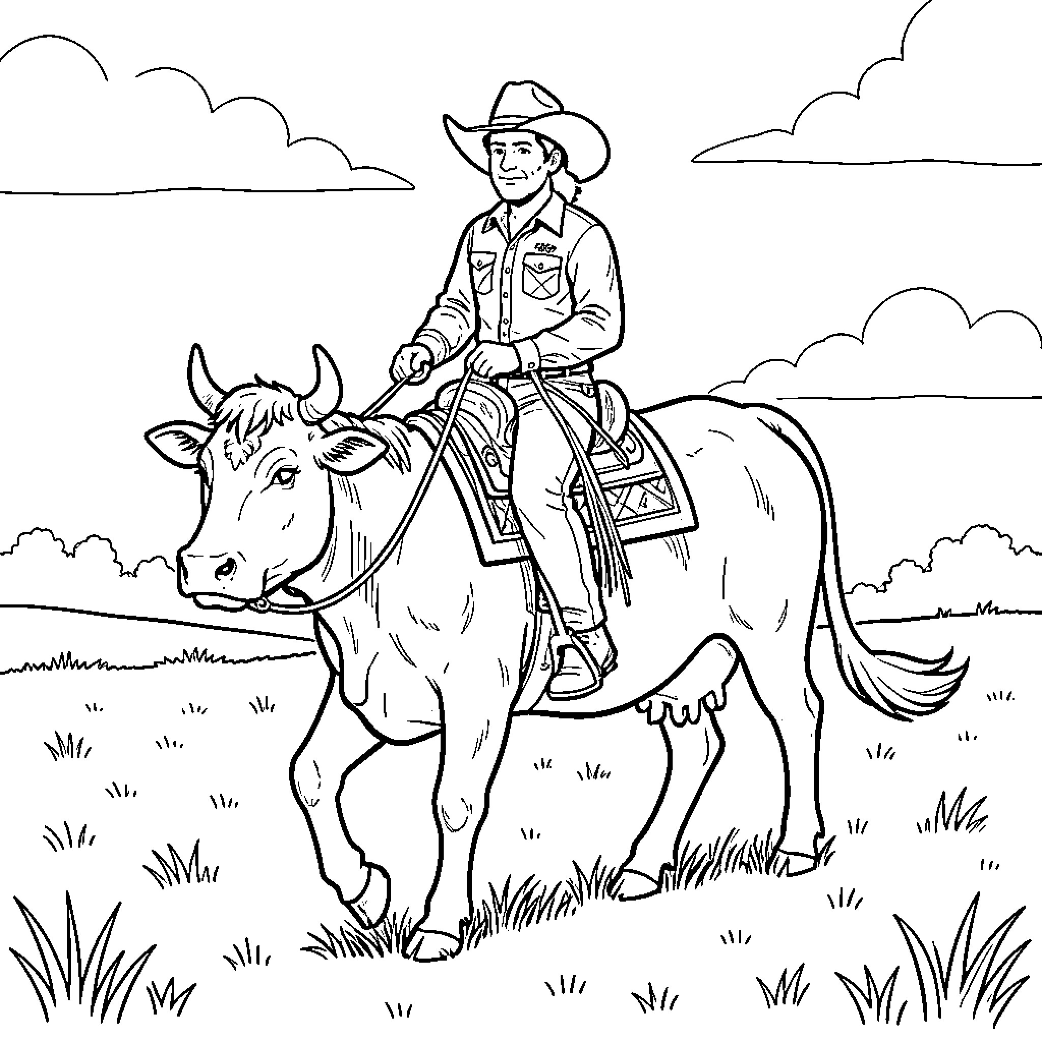 Cowboy riding a cow through a grassy field Coloring Page (free black-and-white line drawing printable PDF for all, from beginners to advanced learners, including children, teens, adults, and seniors)